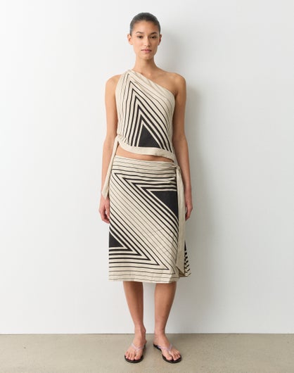 Print Linen Tie Side Midi Skirt