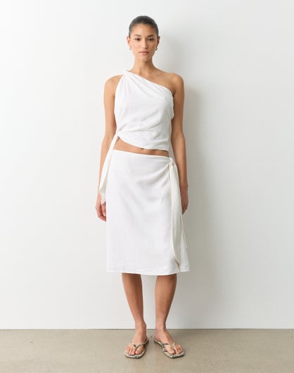 Linen Blend Tie Side Midi Skirt
