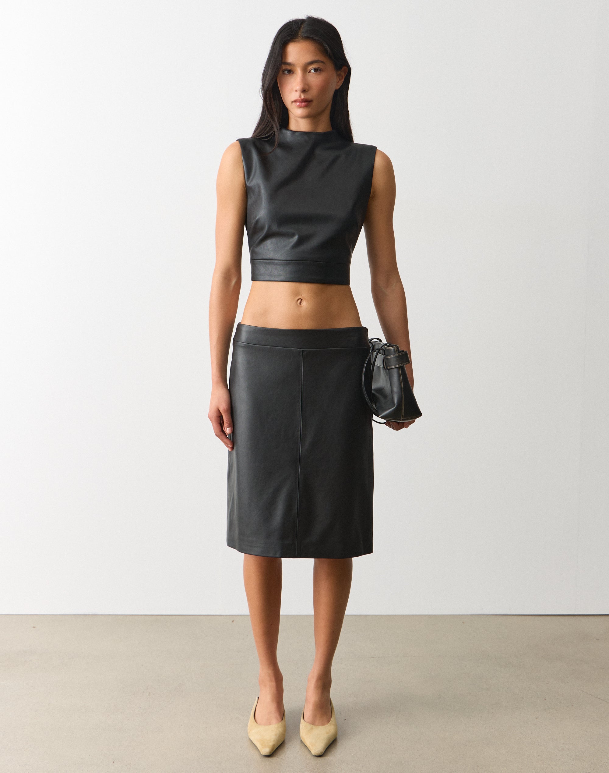 Faux Leather Low Rise Midi Skirt in Black X Dtm | Glassons SG