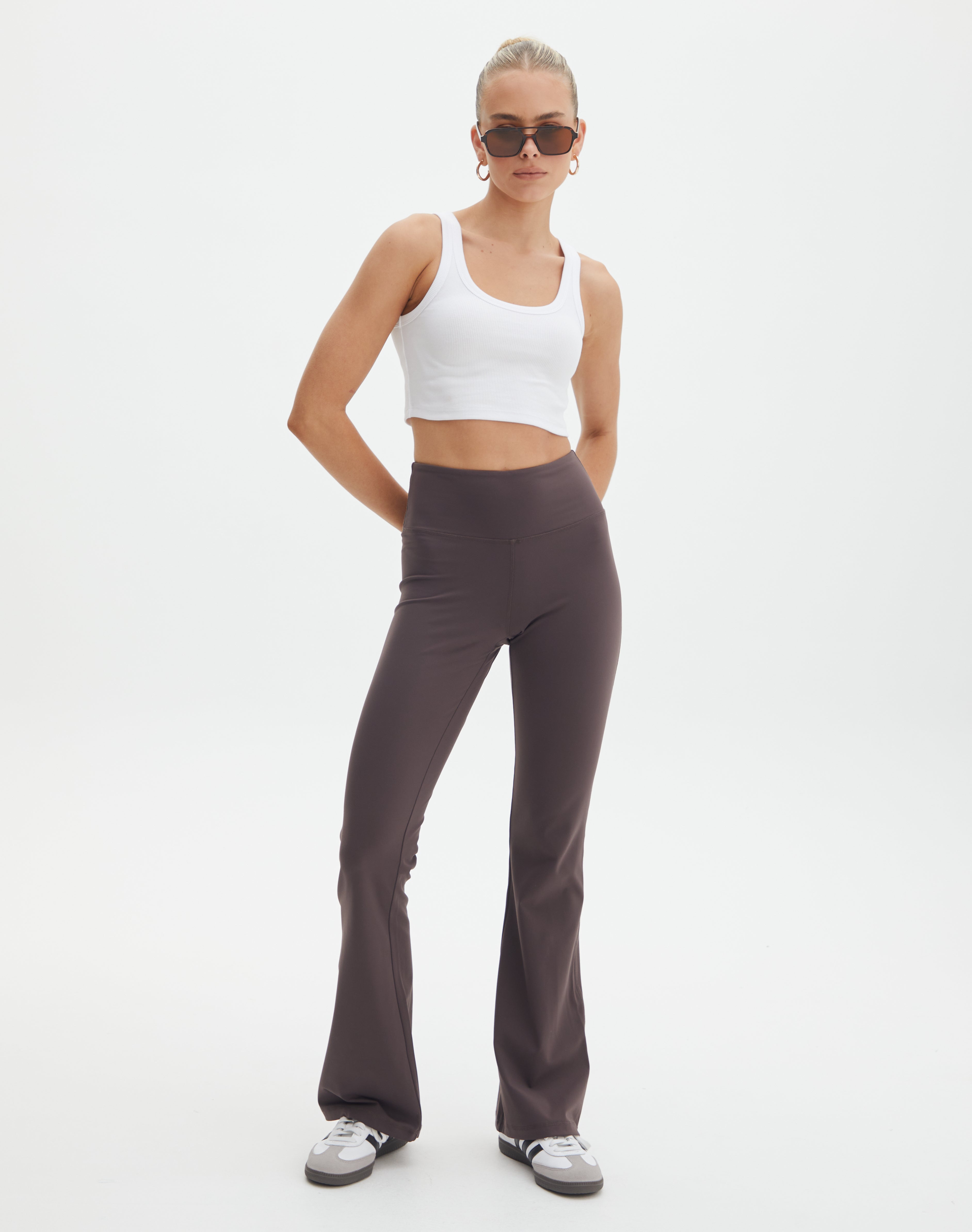 Soft Sculpt Flare Yoga Trousers- urbangrey | Women's Trousers & Yoga Pants  | www.sweatybetty.com