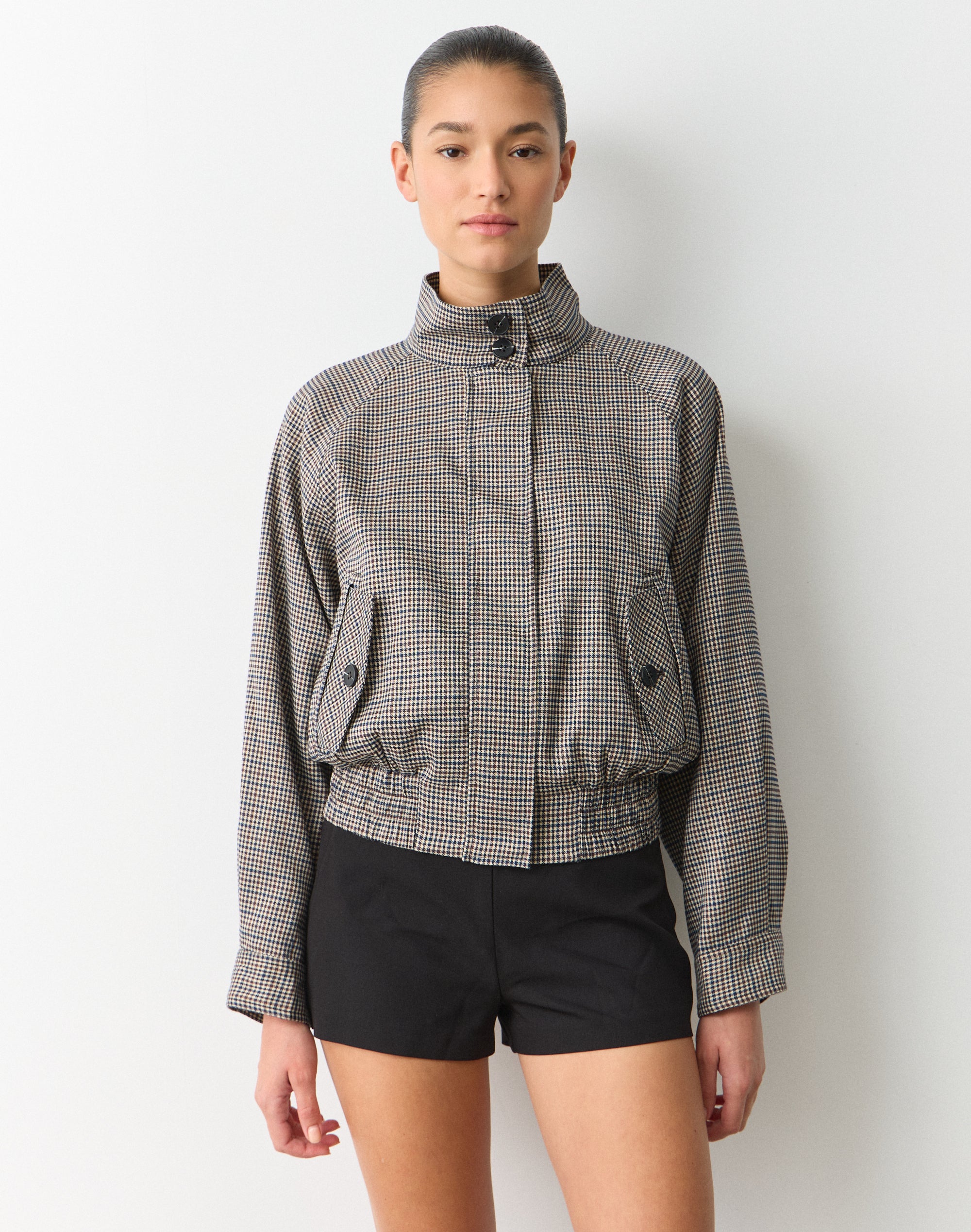 Gingham Zip Up Windbreaker Jacket in Saddle Houndstooth | Glassons US