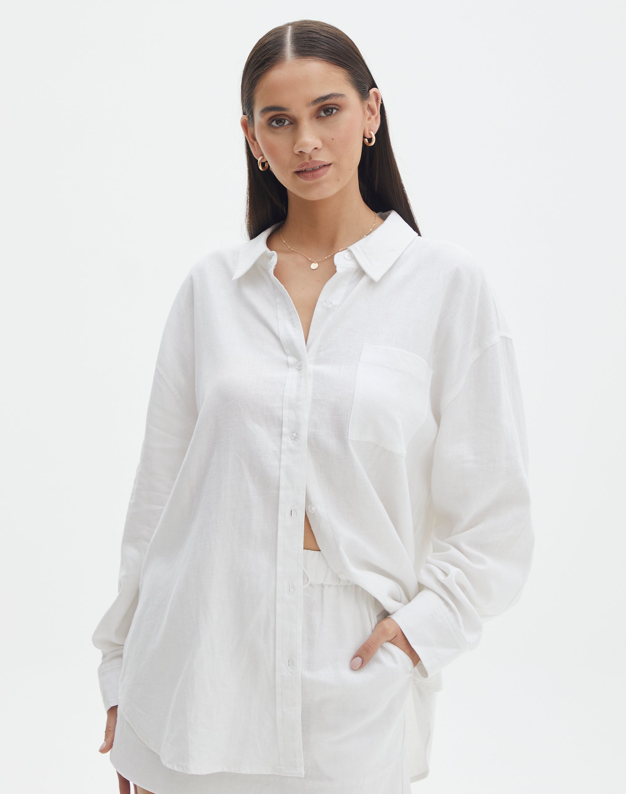 Long Sleeve Linen Blend Shirt in White