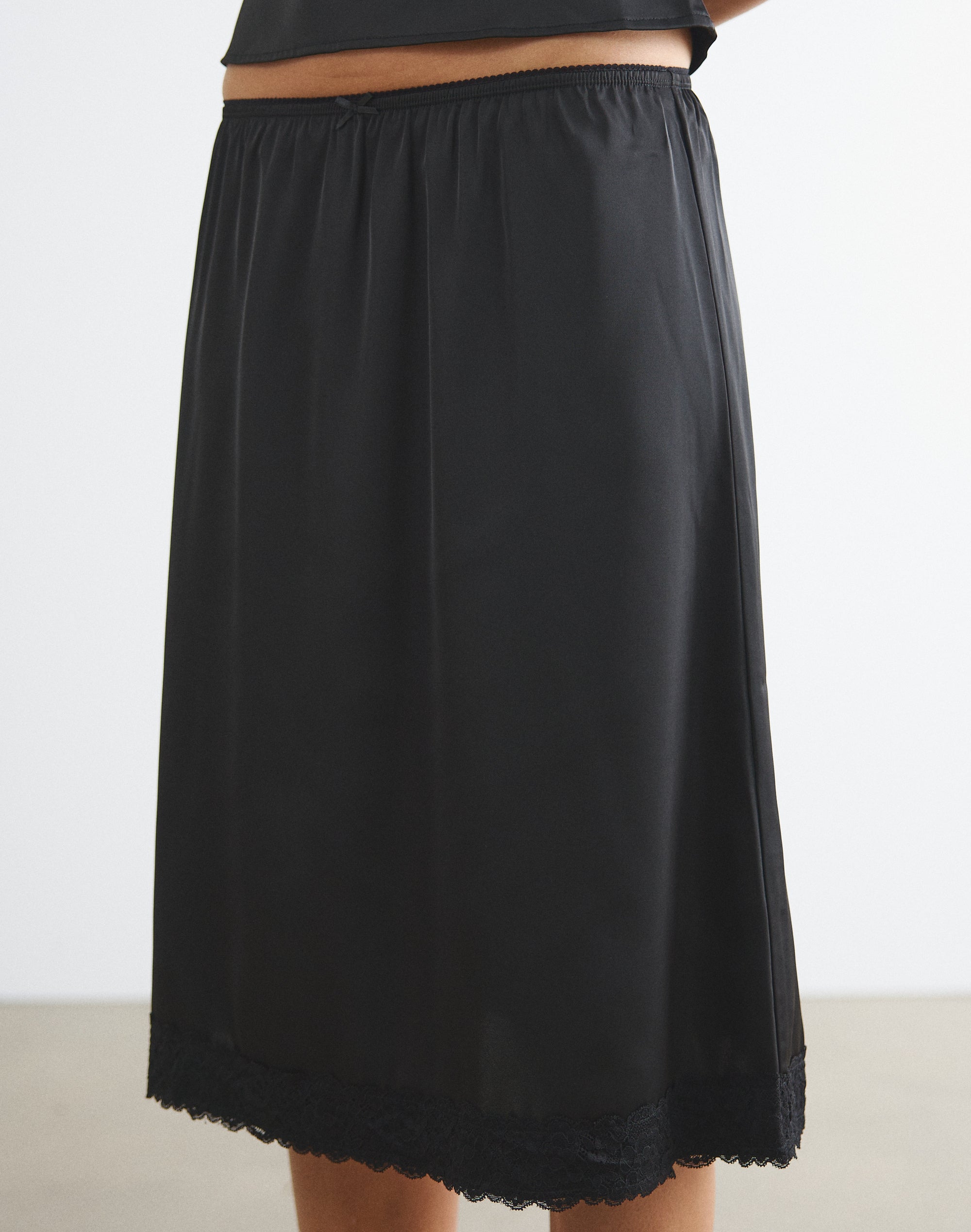 Satin Lace Trim Midi Skirt in Black X Dtm | Glassons US