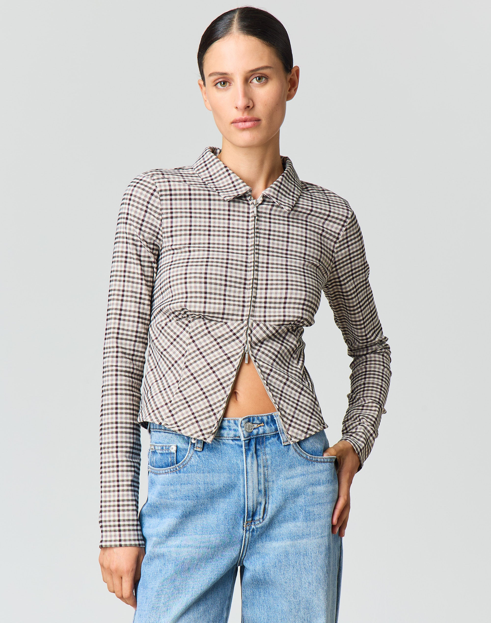 Check Fitted Zip Through Blouse in Charlie Check | Glassons