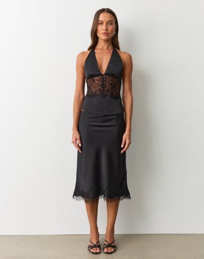 Satin Lace Midi Skirt