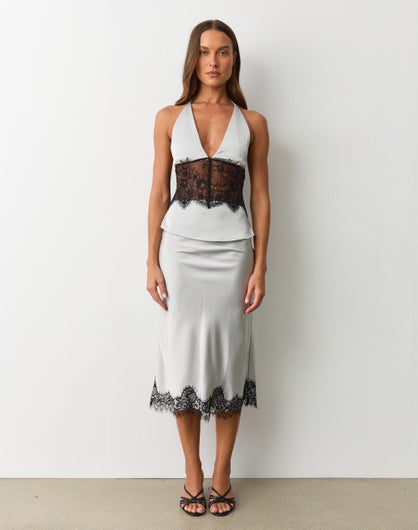 Satin Lace Midi Skirt