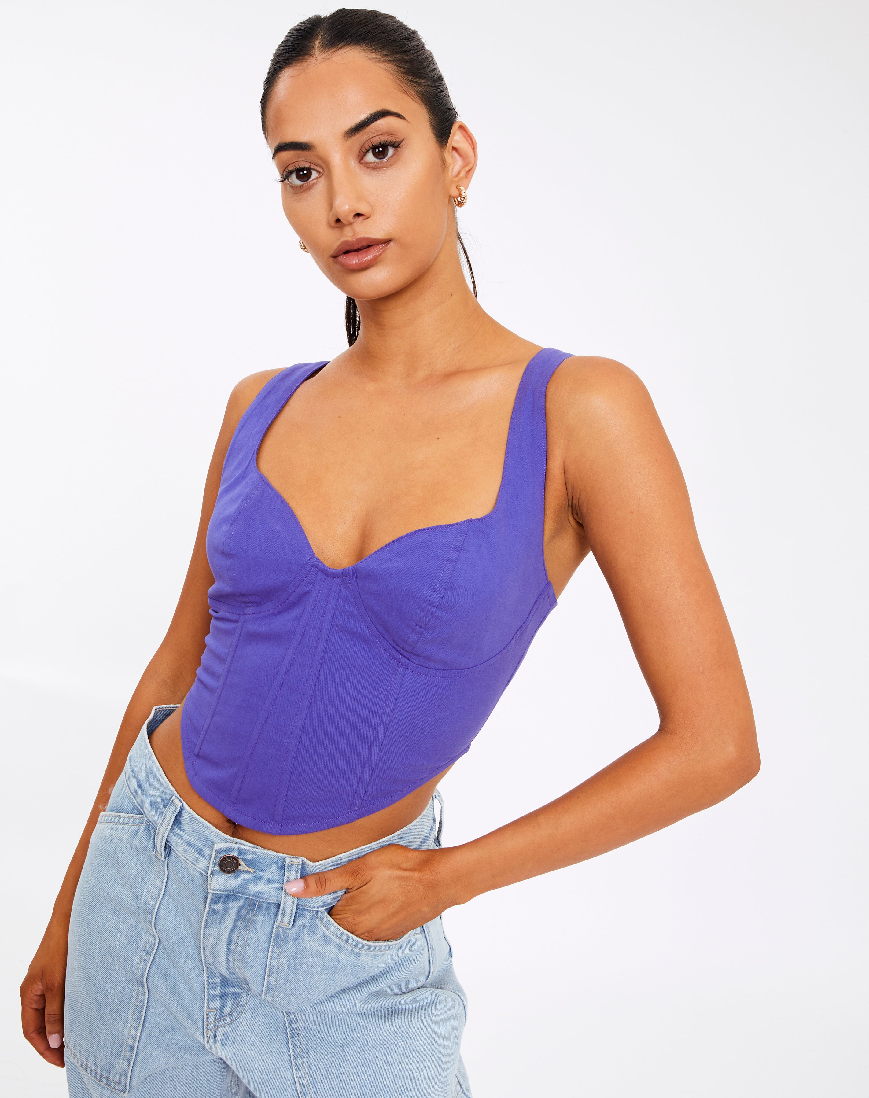 V Neck Curve Hem Corset in Purple 