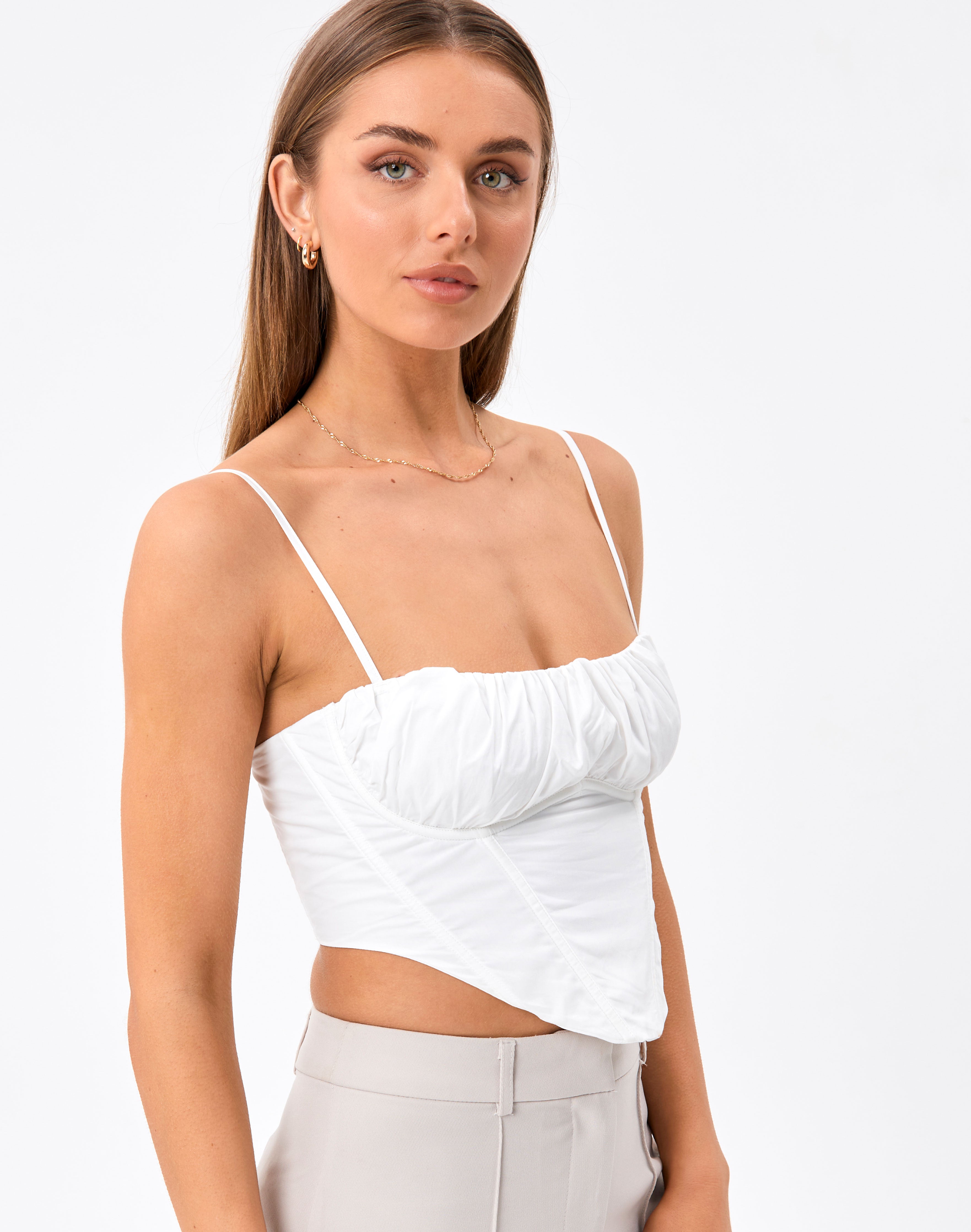 Ruched Curve Hem Corset Top in White | Glassons