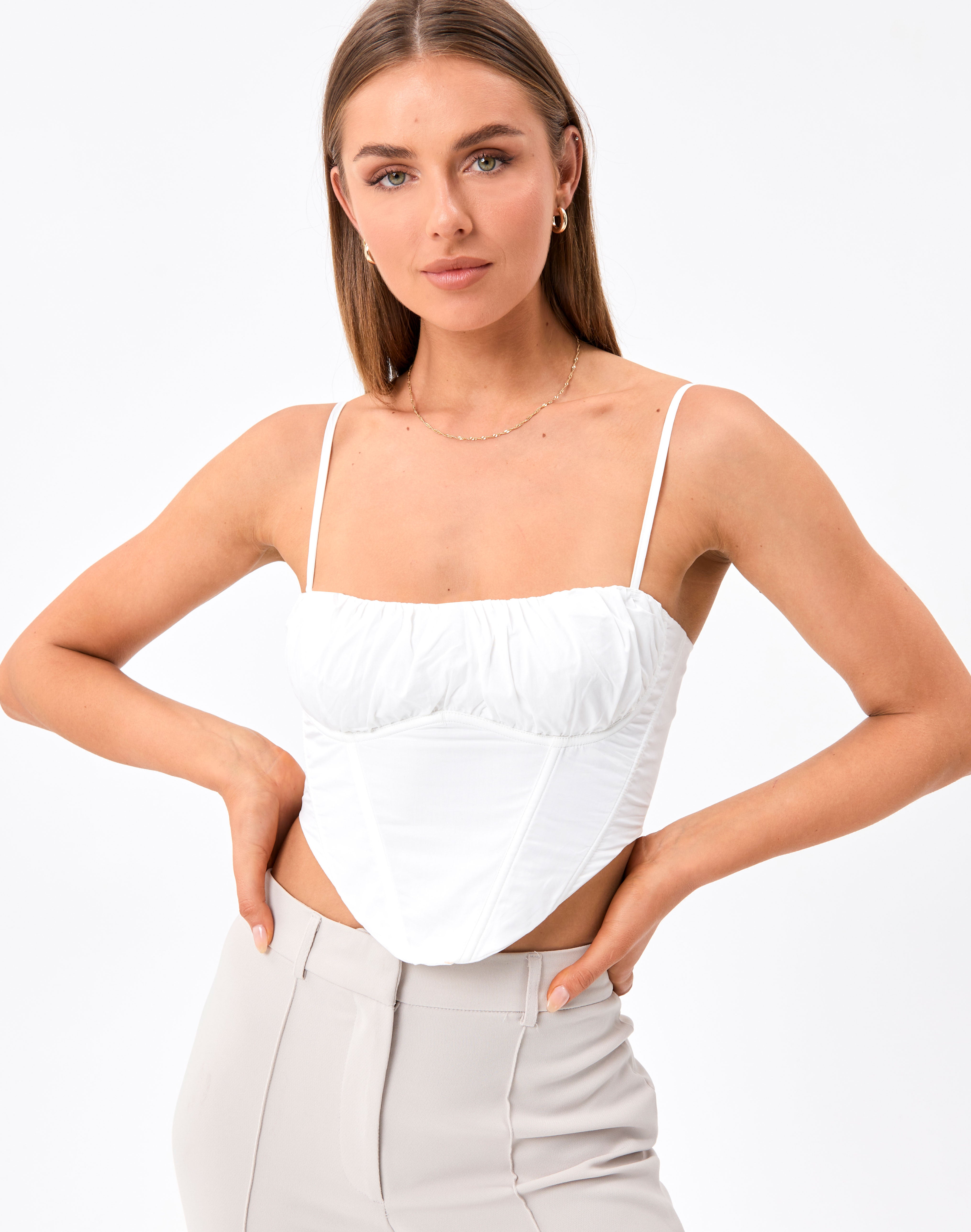 Ruched Curve Hem Corset Top in White | Glassons