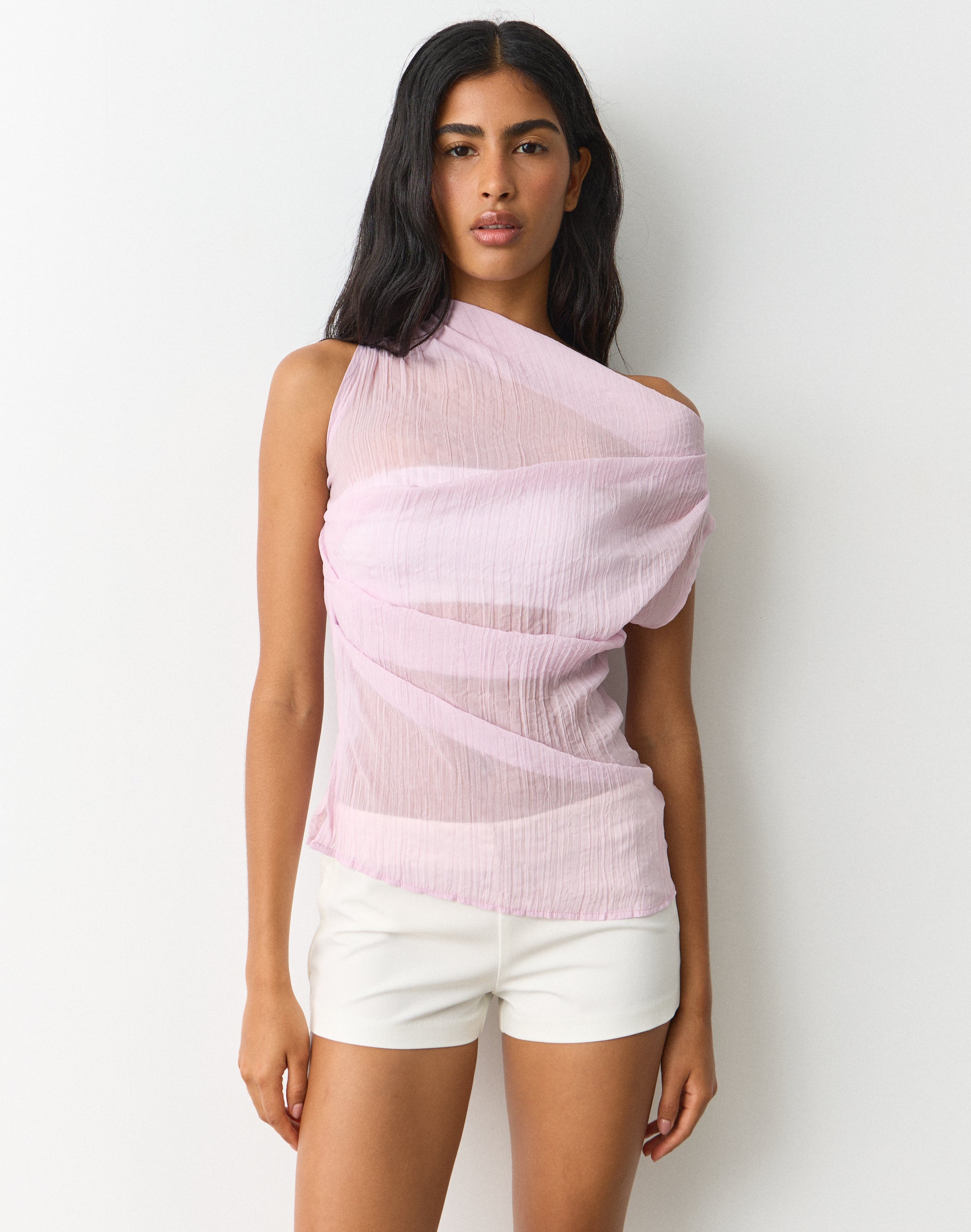 Off Shoulder Sheer Crinkle Blouse in Frosted Petal | Glassons AU