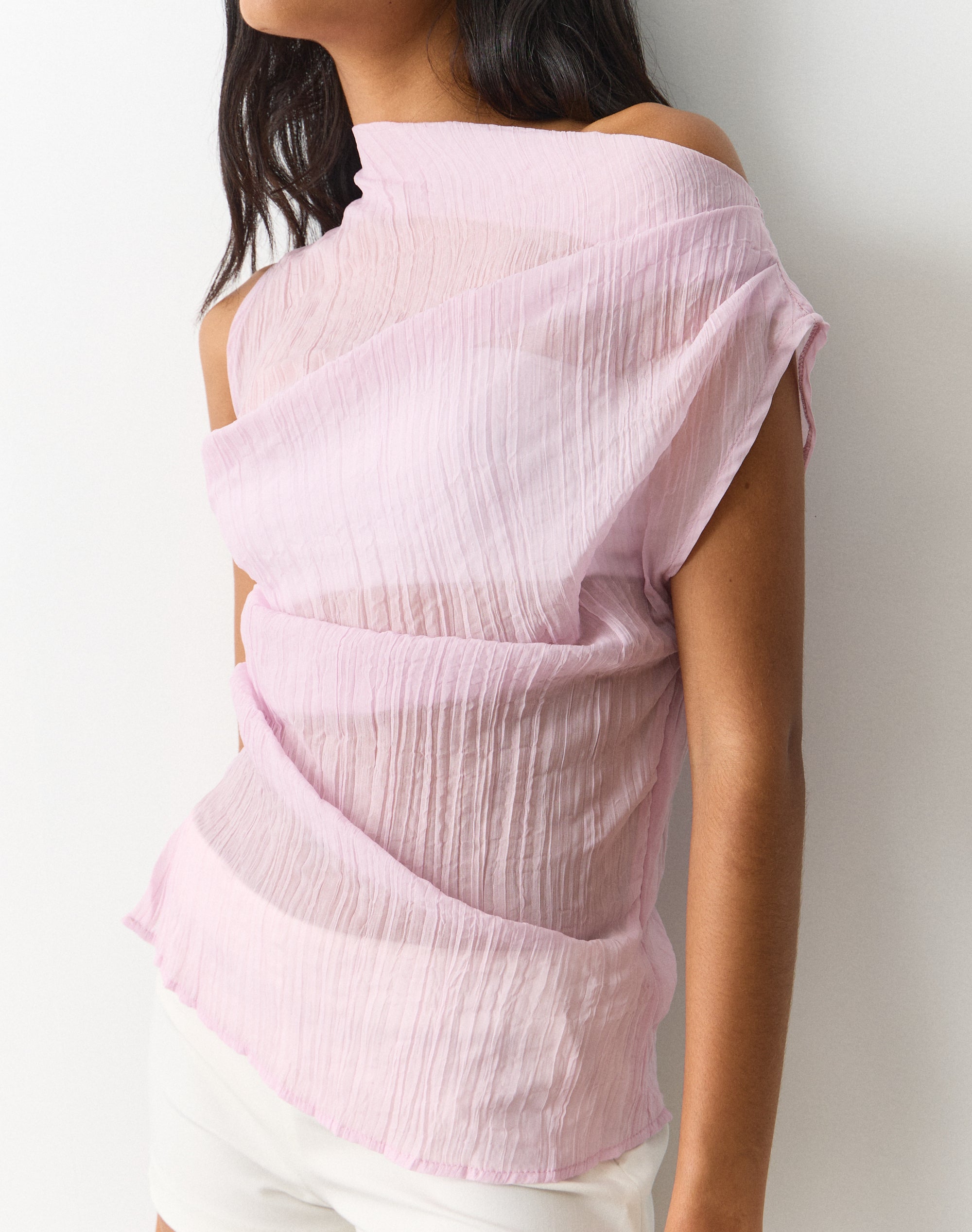 Off Shoulder Sheer Crinkle Blouse in Frosted Petal | Glassons AU