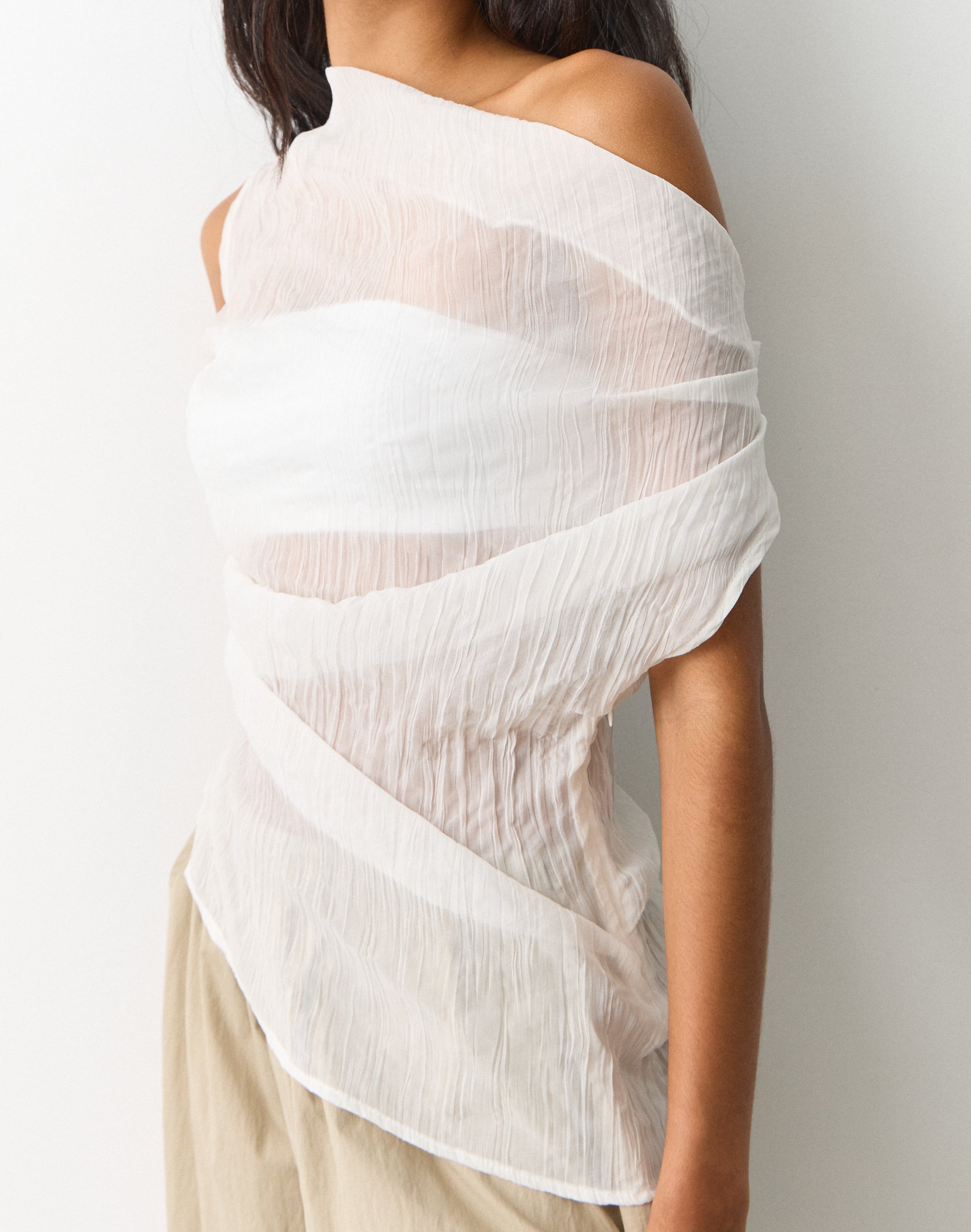 Off Shoulder Sheer Crinkle Blouse in Milk | Glassons US
