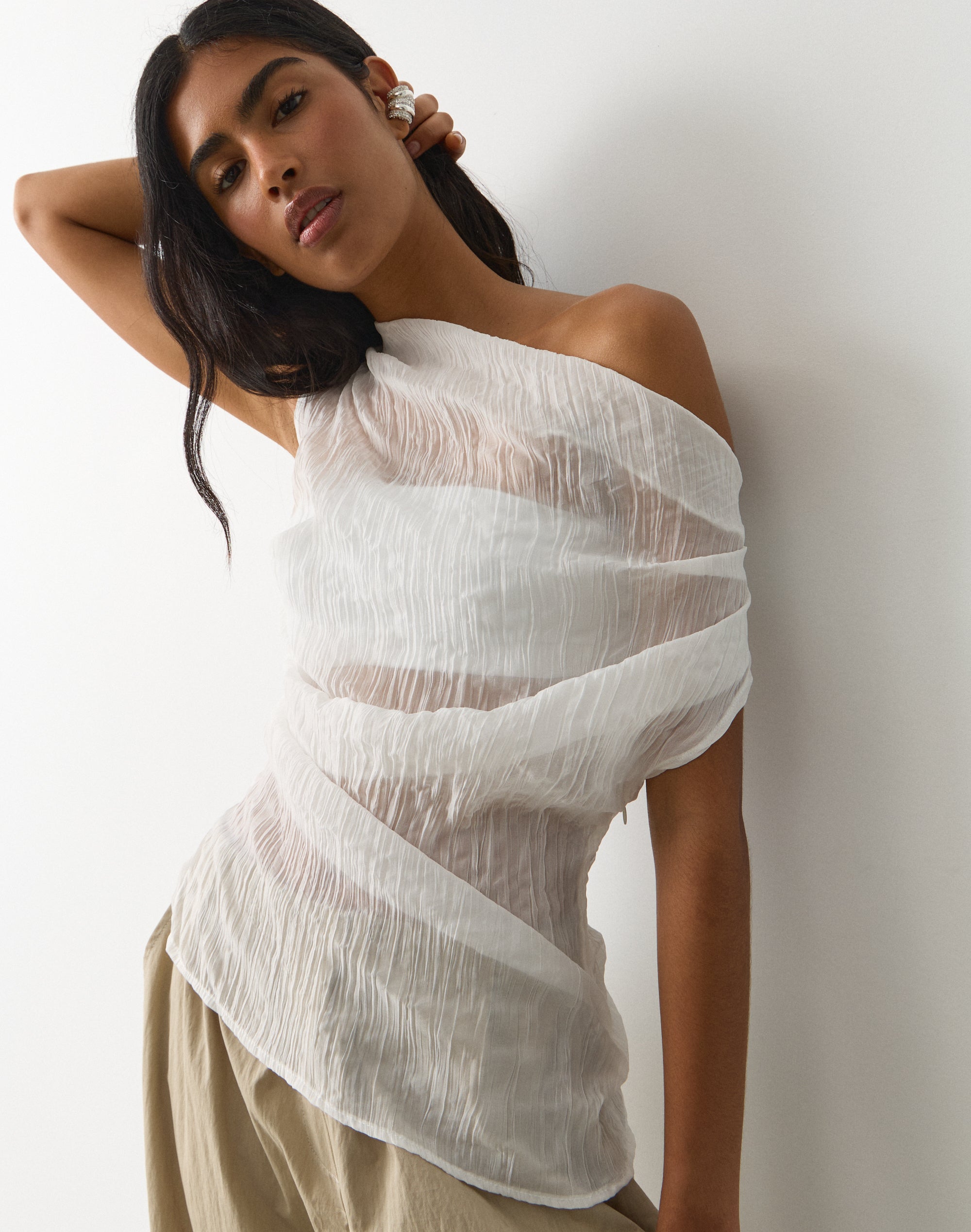 Off Shoulder Sheer Crinkle Blouse in Milk | Glassons US
