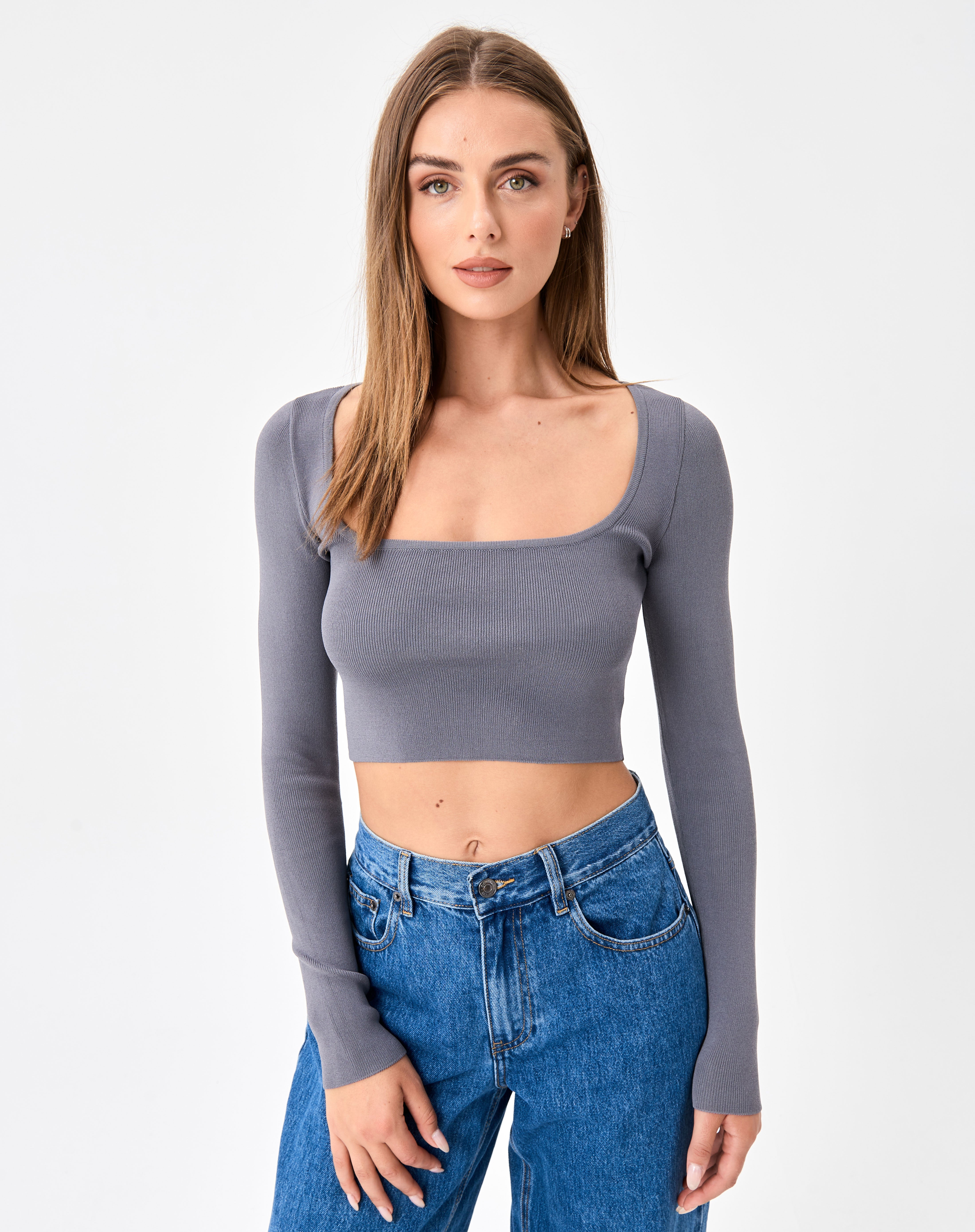 Square Neck Long Sleeve Crop Knit Crop 