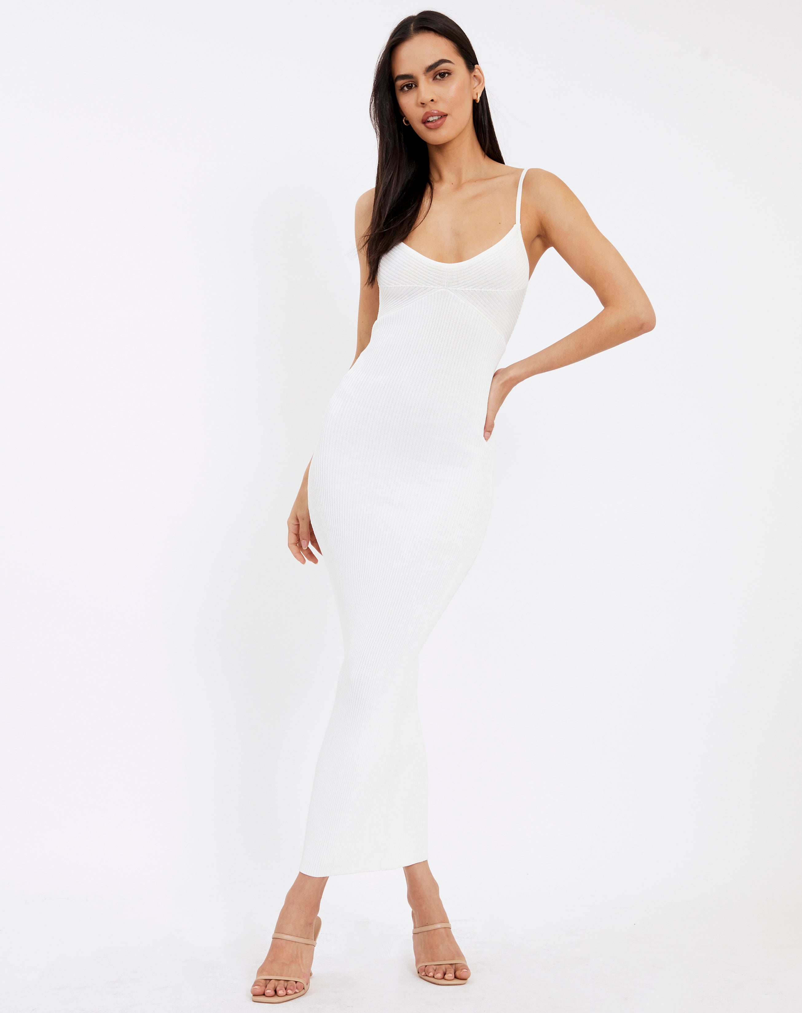 Cut Out Rib Knit Midi Dress in White 