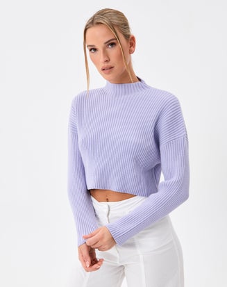 High Neck Drop Shoulder Cropped Rib Knit in Purple | Glassons