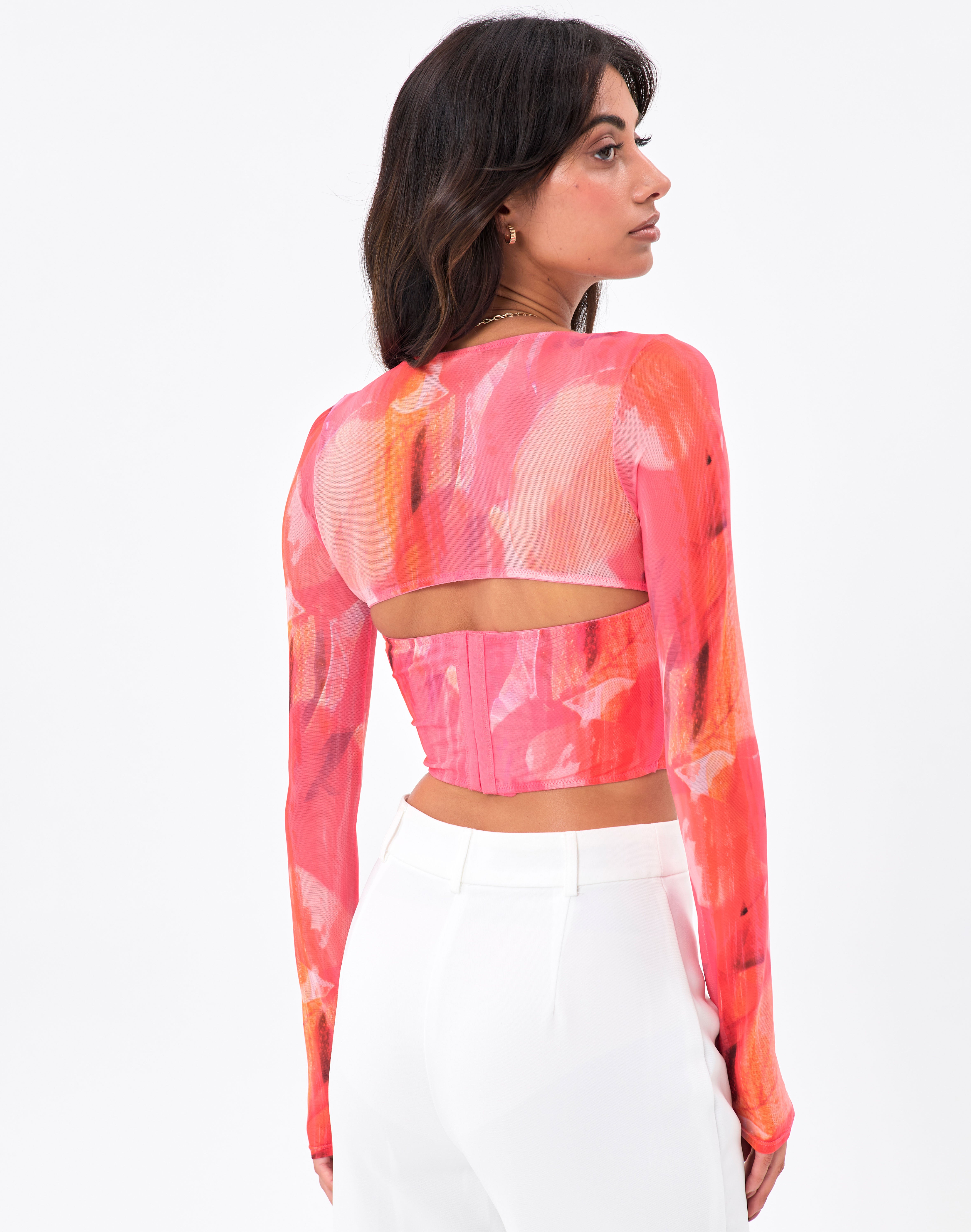 Print Mesh Long Sleeve Corset Top in 
