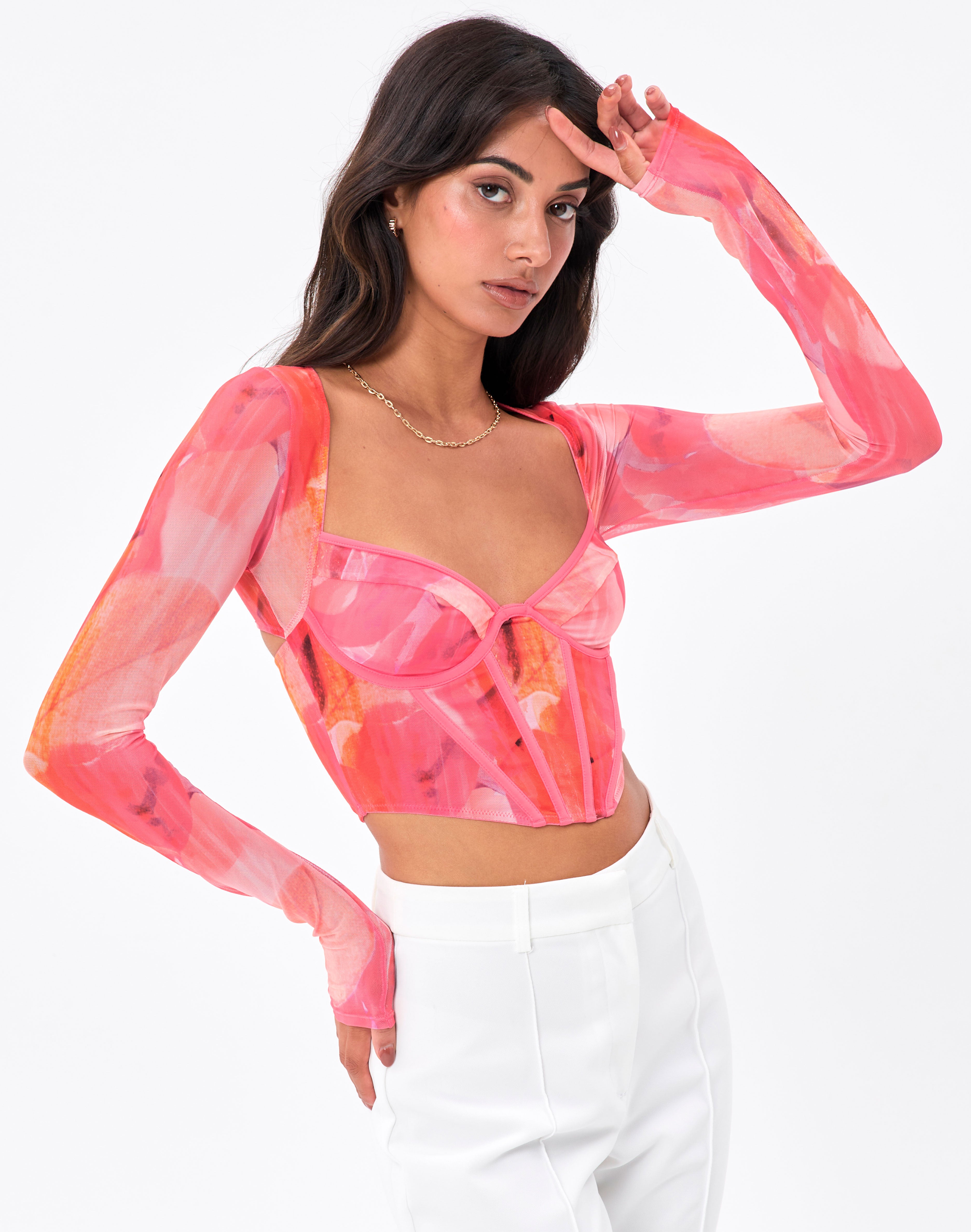 Print Mesh Long Sleeve Corset Top in 