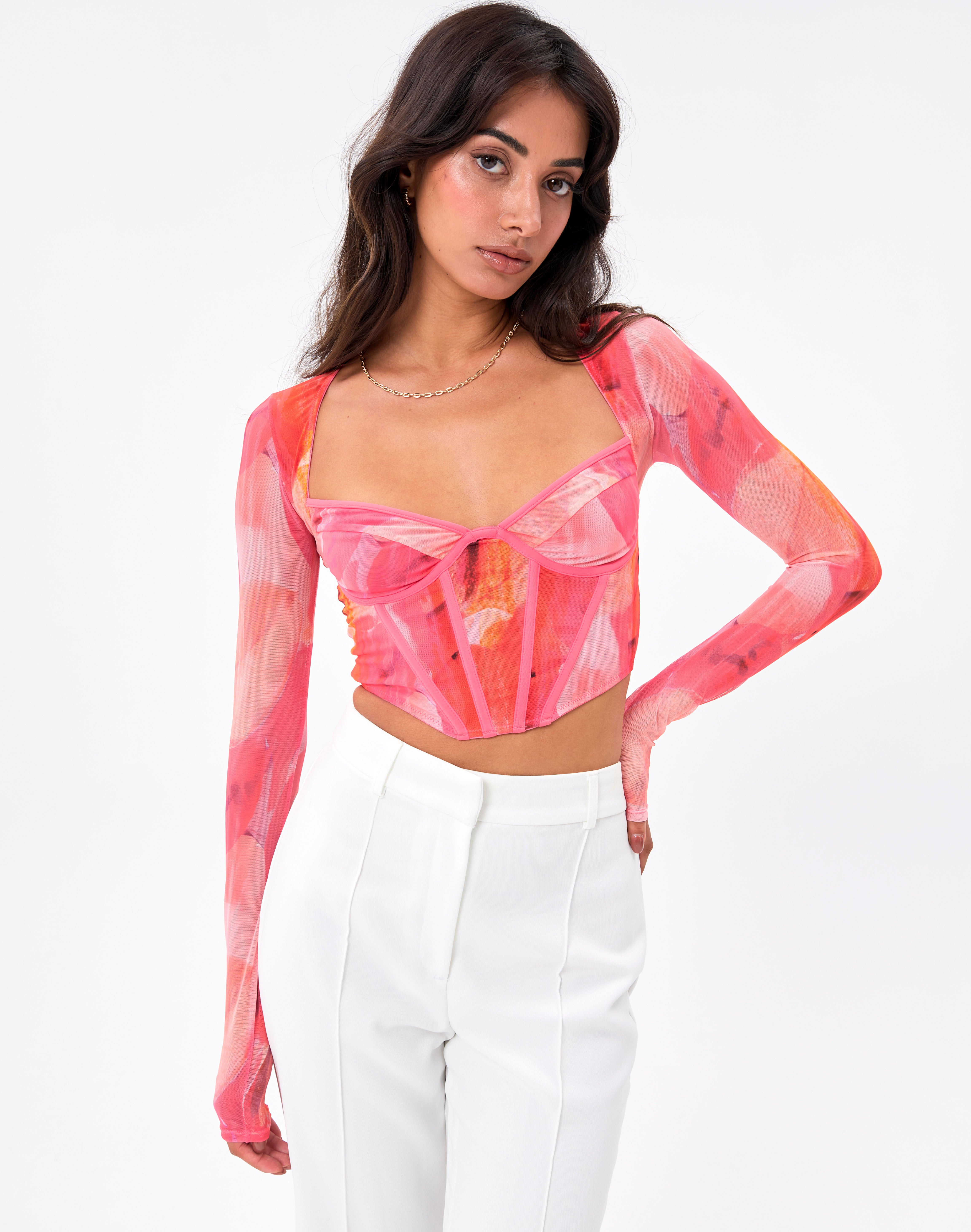 Print Mesh Long Sleeve Corset Top in 