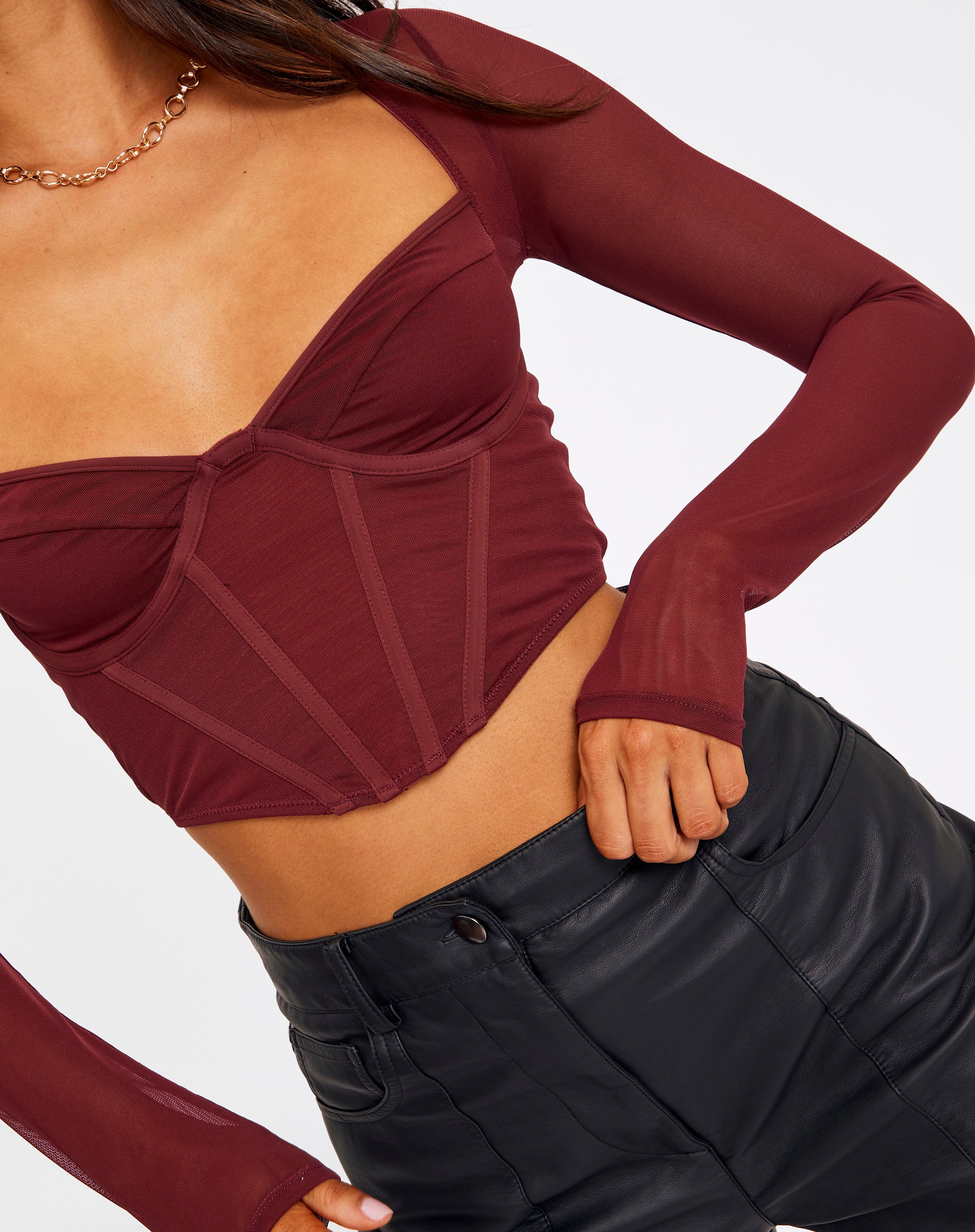 Mesh Long Sleeve Corset Top in Purple 