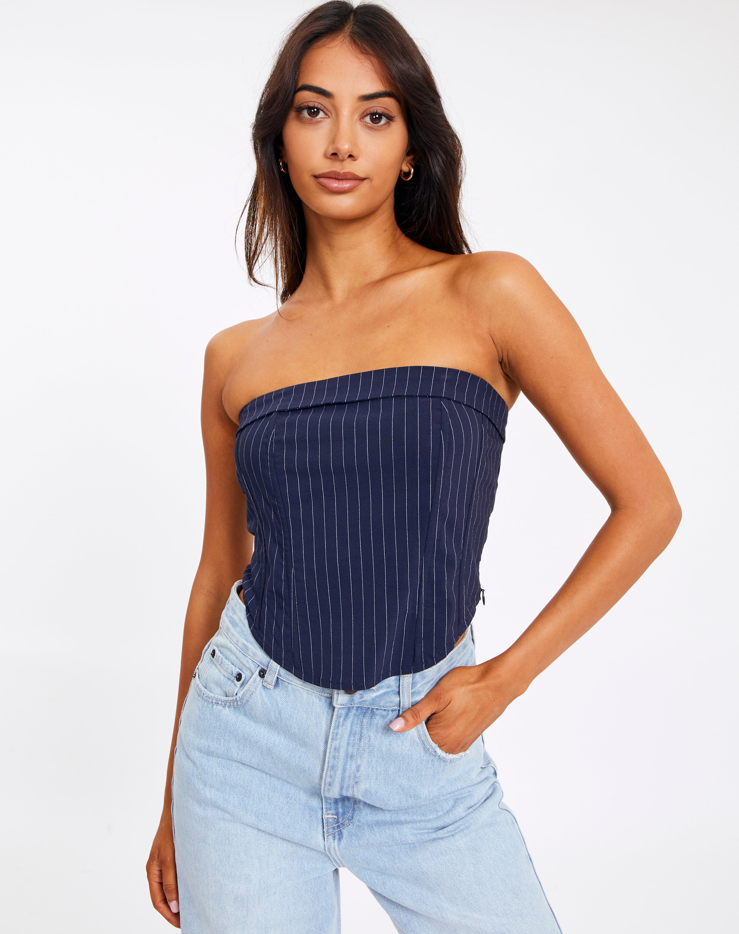 navy pinstripe top