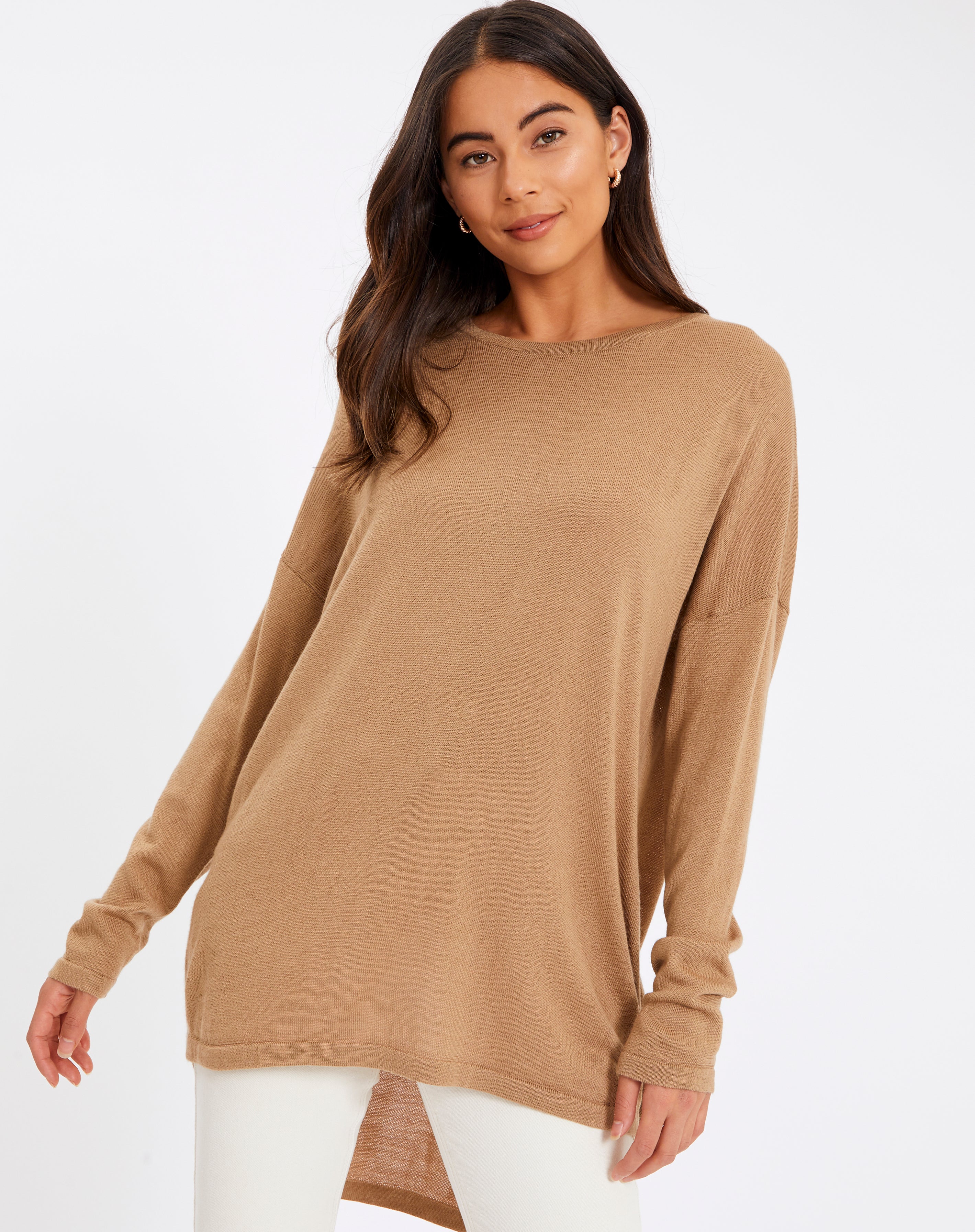 Merino Blend Curve Hem Long Sleeve Top 