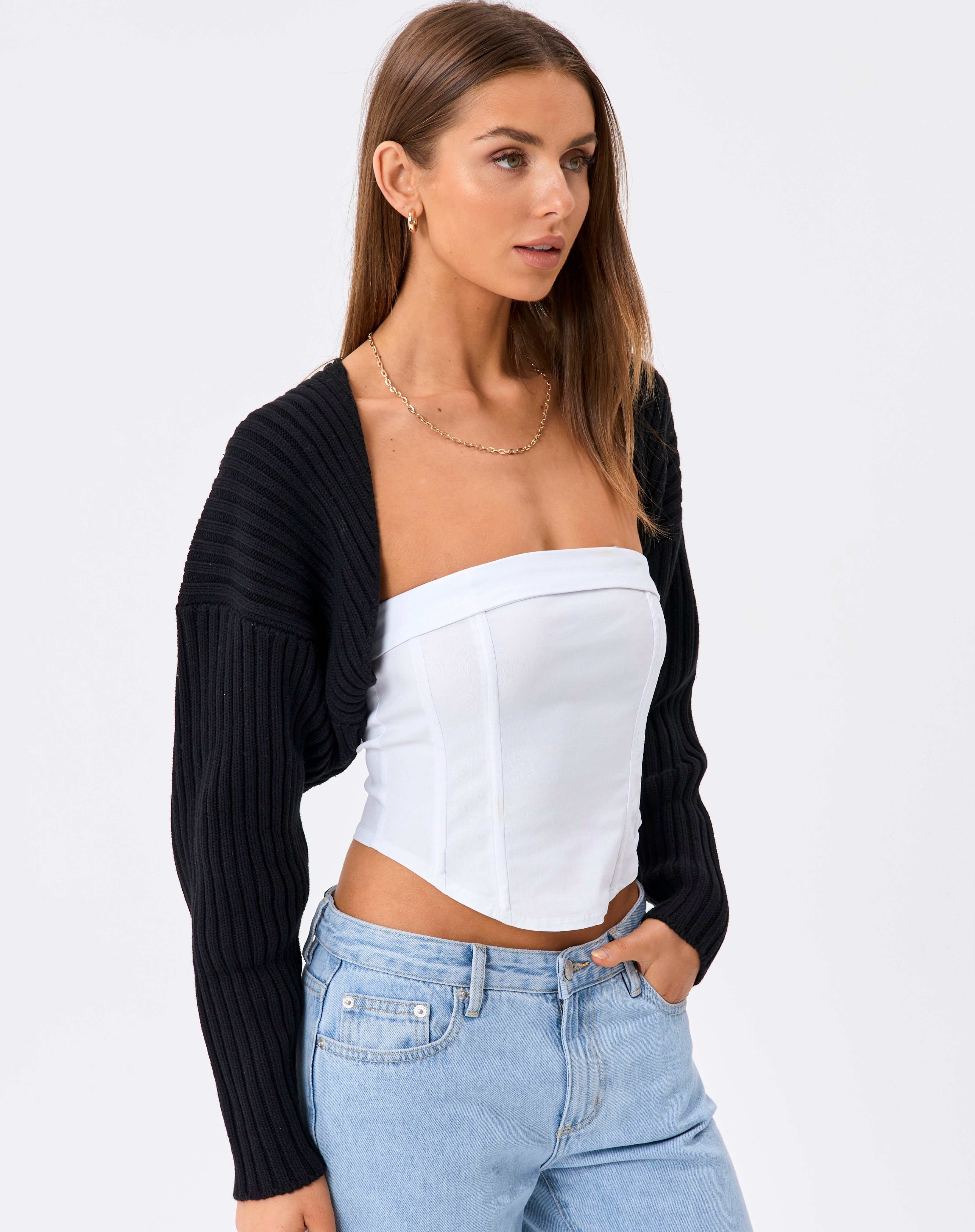 Rib Knit Long Sleeve Shrug in Black 