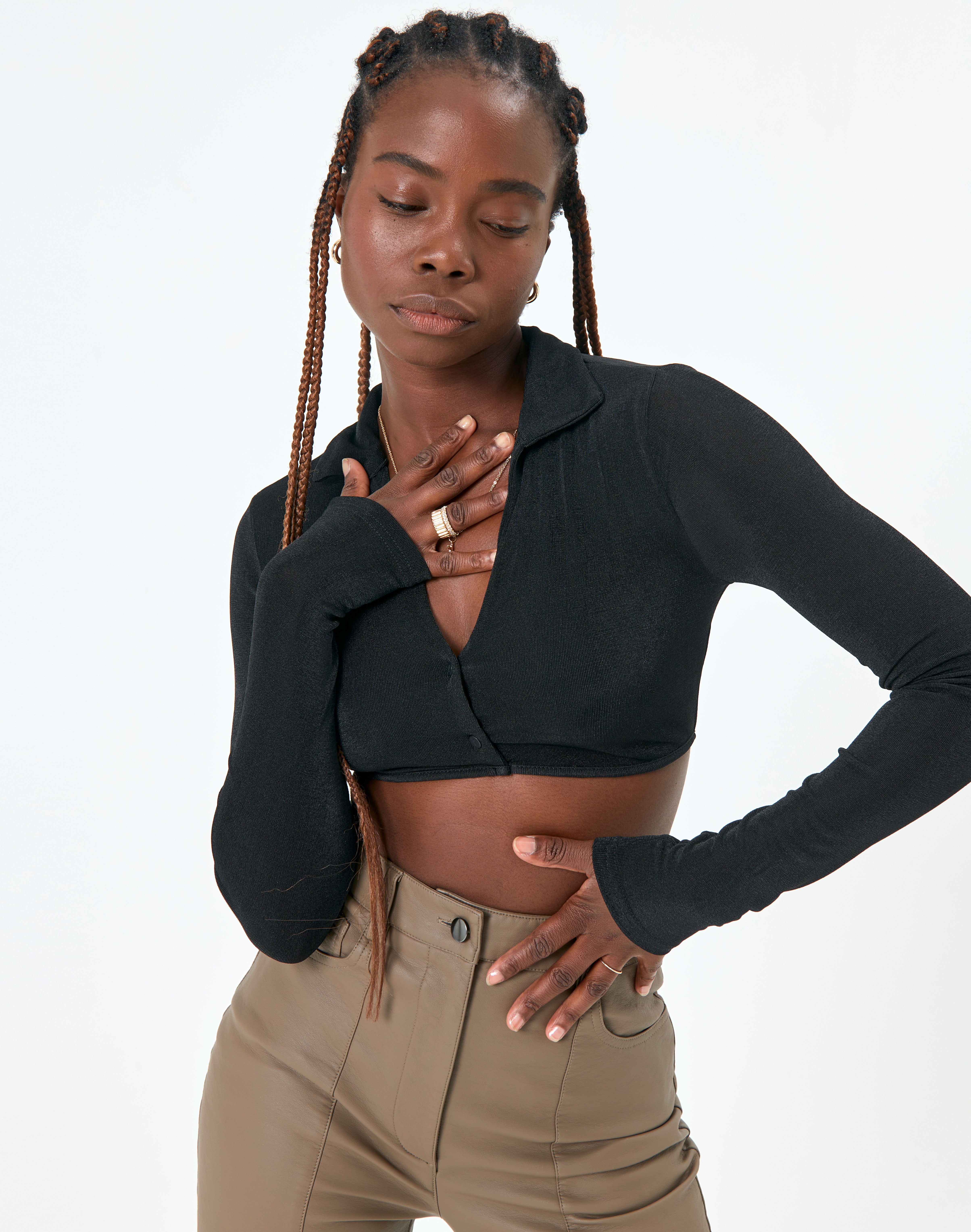 Curve Hem V Neck Collared Cropped Long 