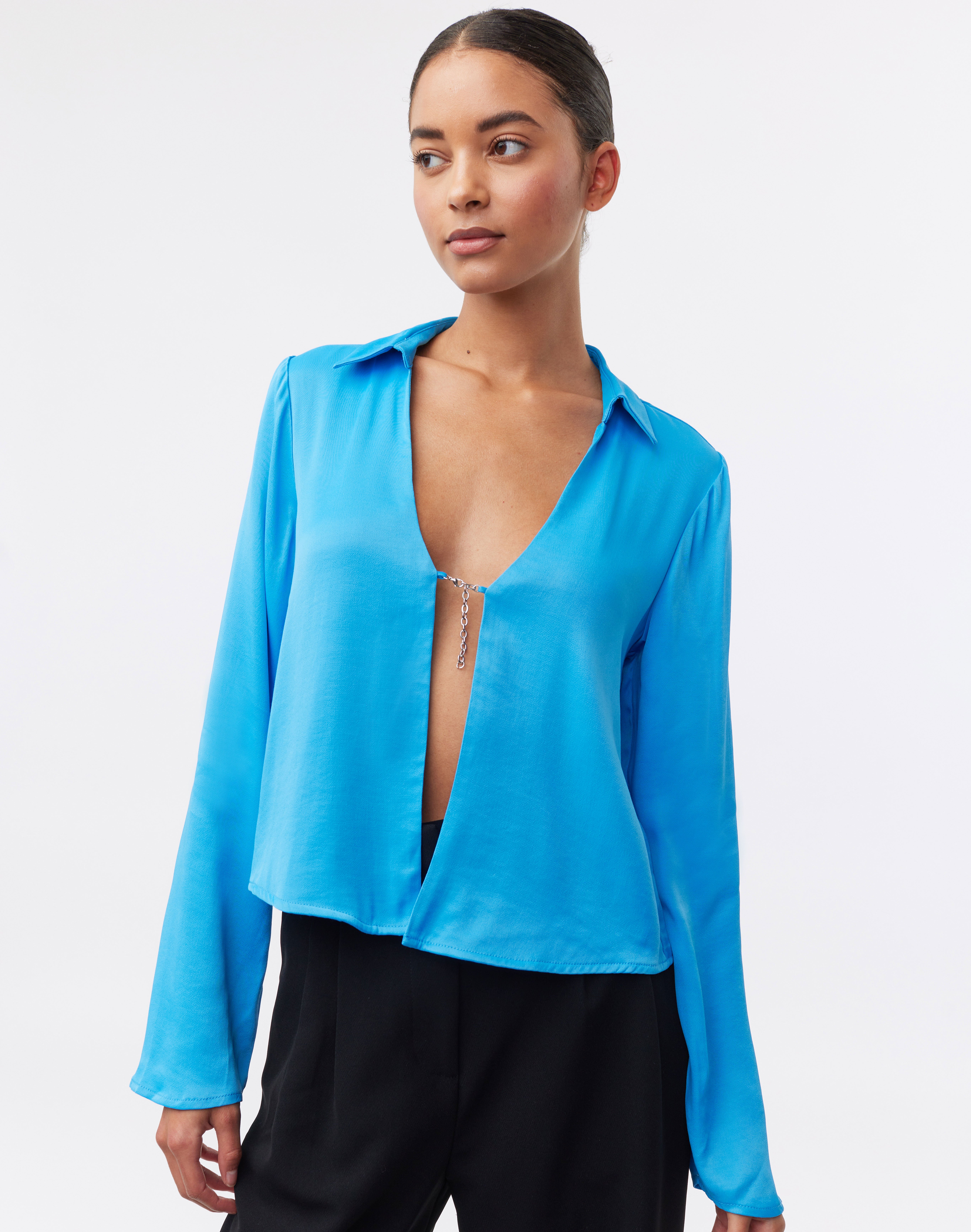 Satin Split Front Chain Long Sleeve Top 