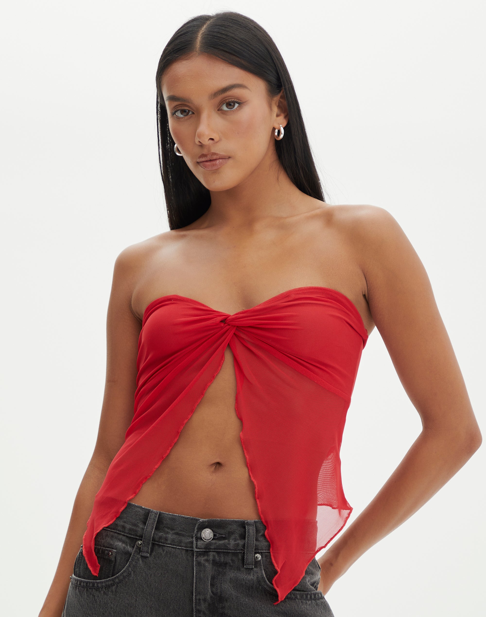 Twist Front Mesh Strapless Top in Mulan Red