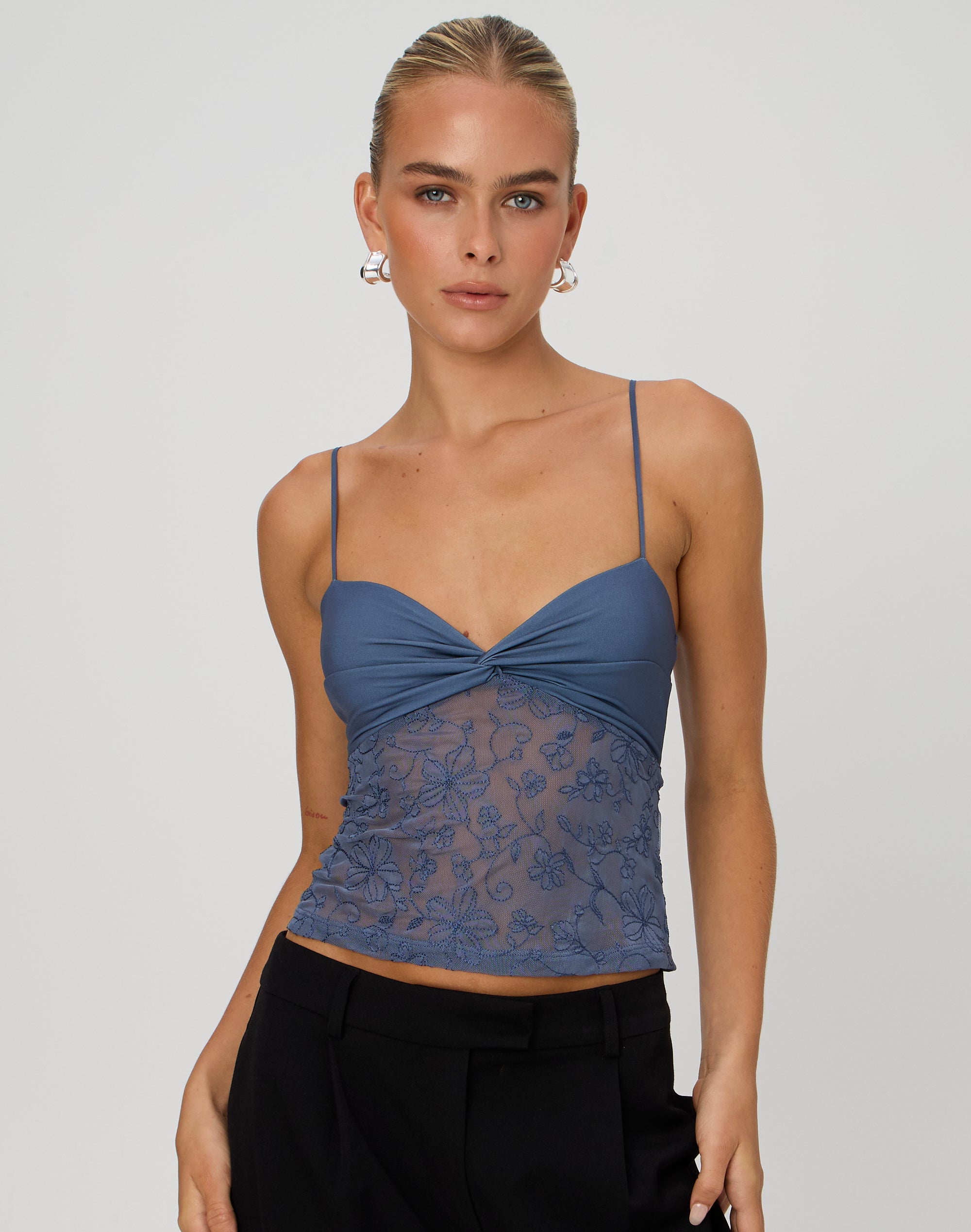 Twist Front Embroidered Cami in Girls Night Embroidery