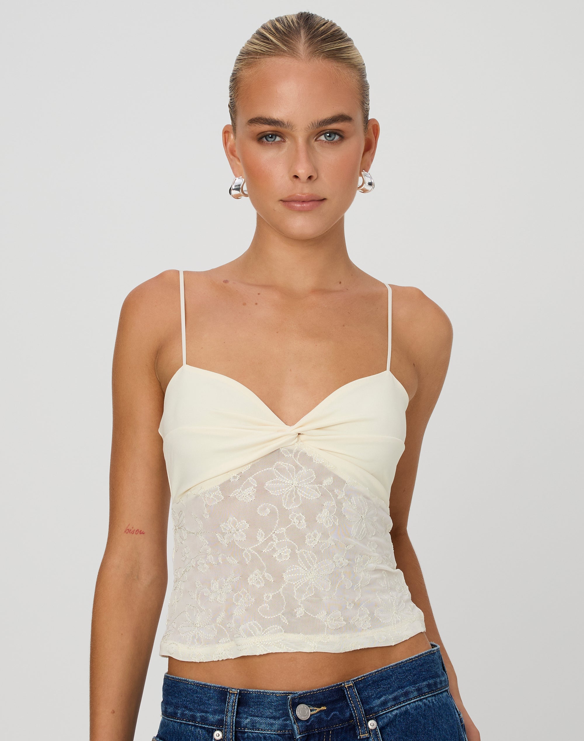 Another Sunday Embroidered Cami Top With Tie Strap In