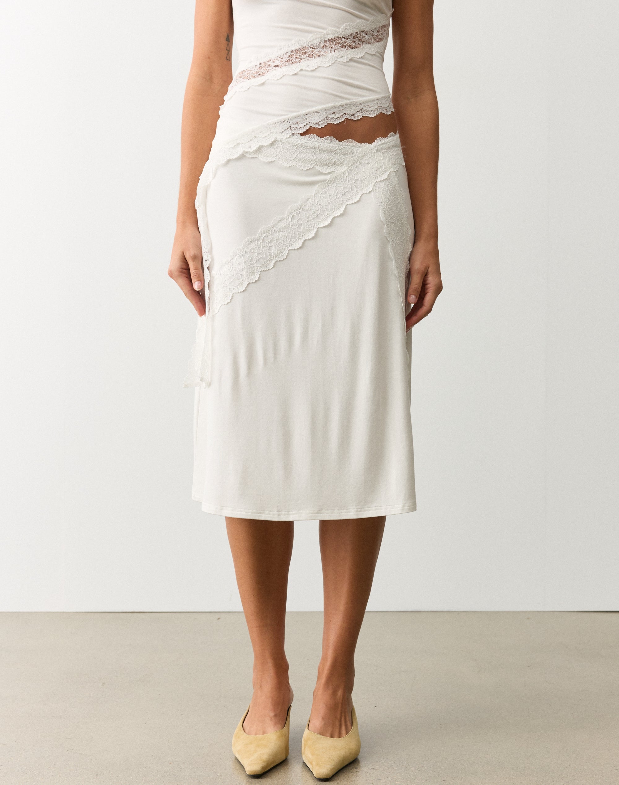 Lace Trim Midi Skirt in Milk | Glassons US