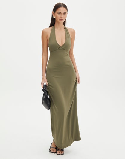 Halter Neck Maxi Dress in Olive A Twist | Glassons