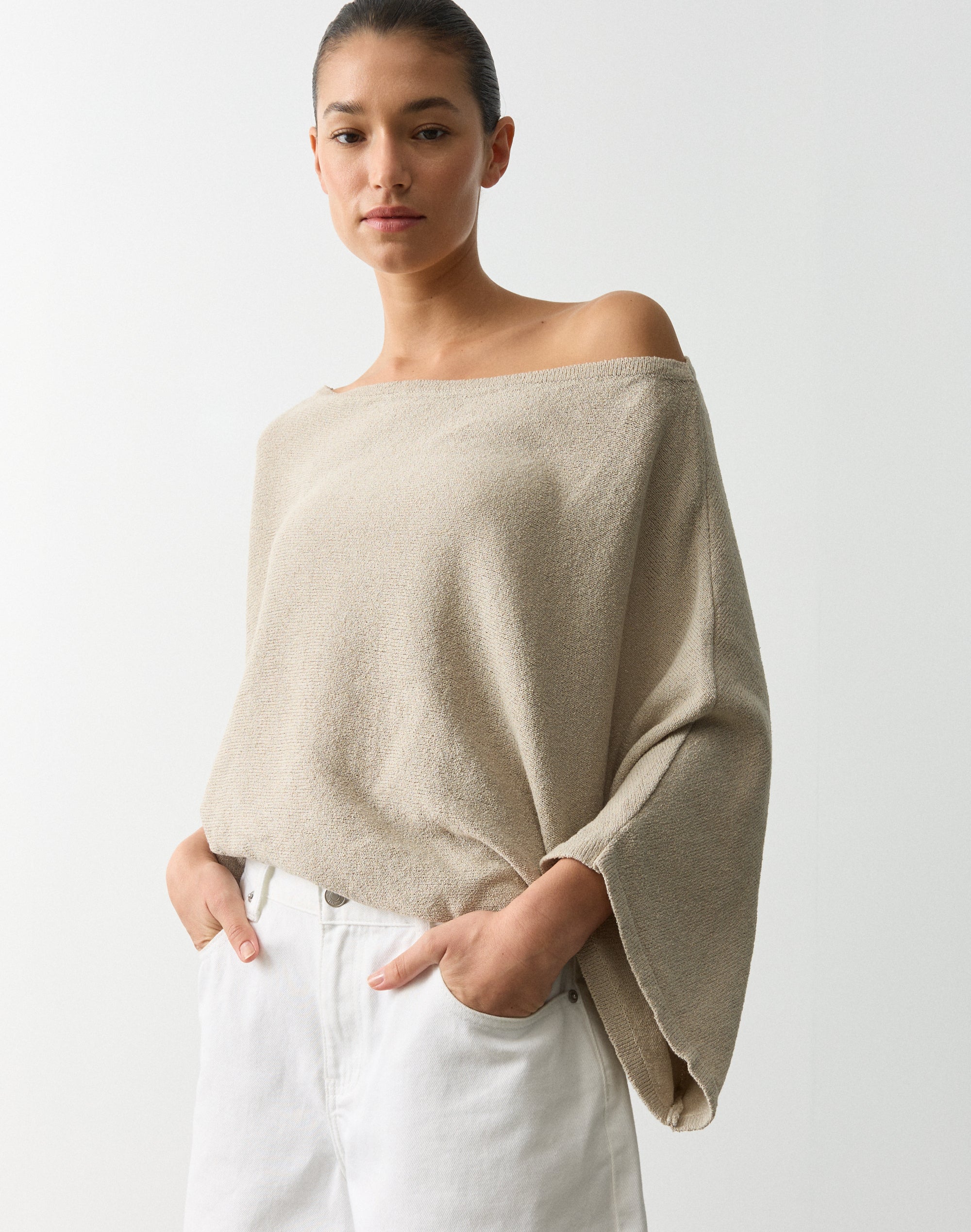 Off Shoulder Oversized Knit Top in Solid Sand | Glassons AU