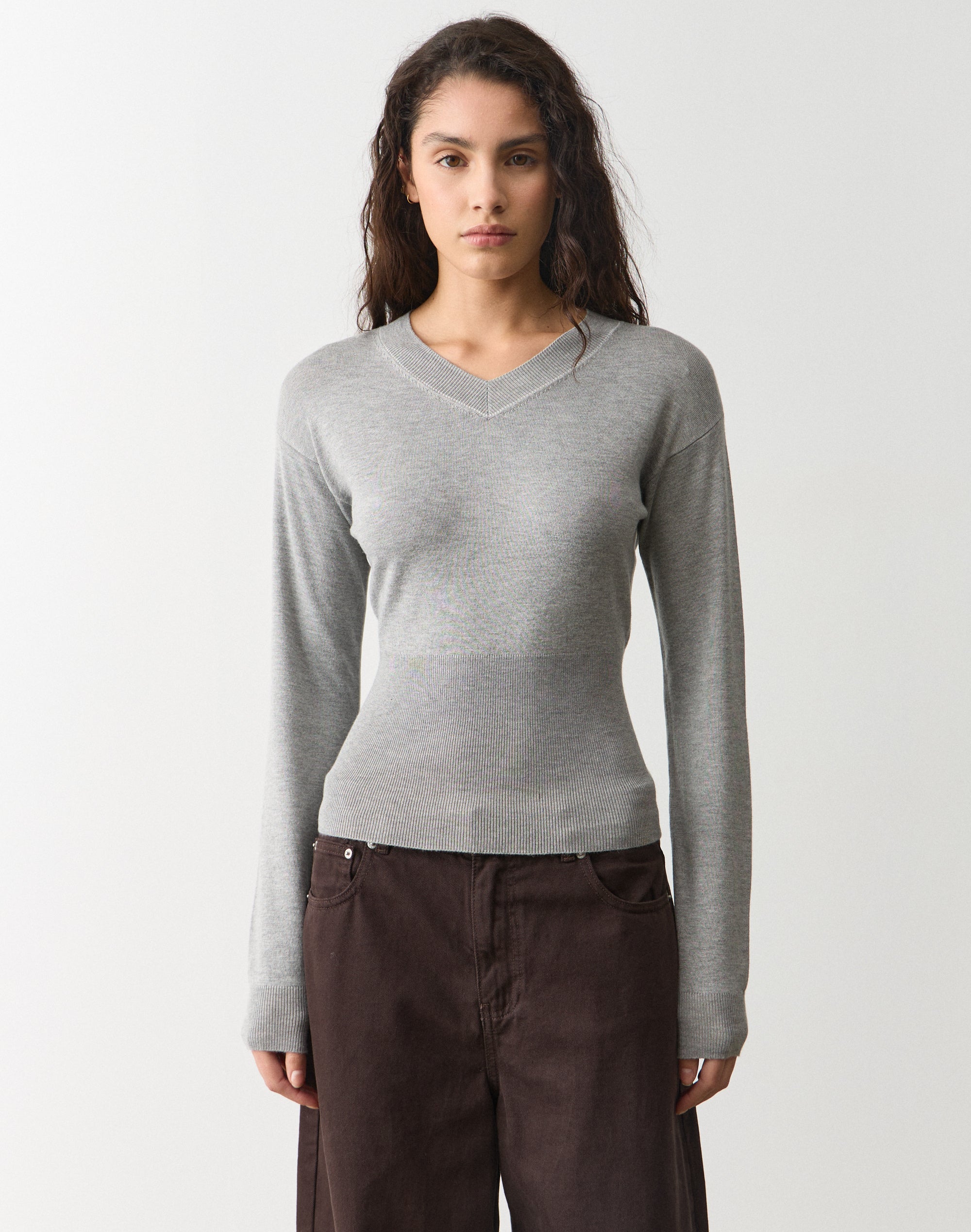 Rib Waist V Neck Knit Long Sleeve in Grey Marle X Milk Tip | Glassons