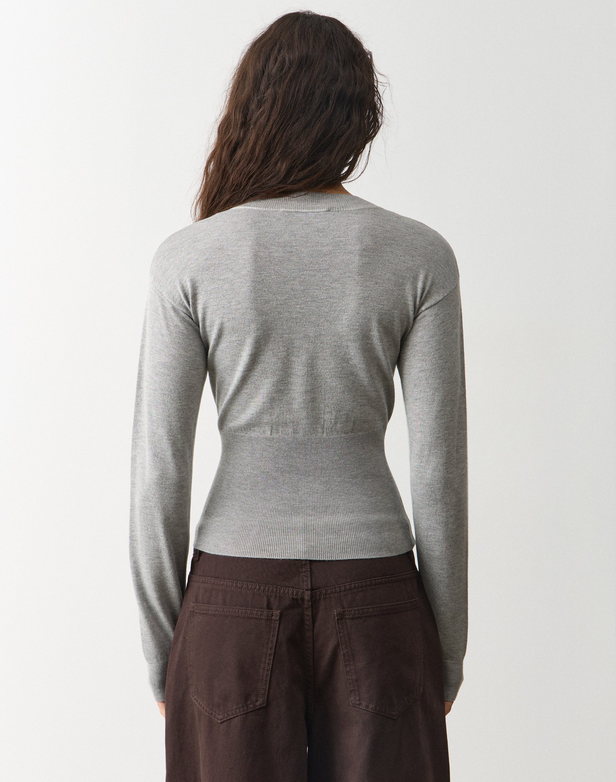 Rib Waist V Neck Knit Long Sleeve in Grey Marle X Milk Tip | Glassons