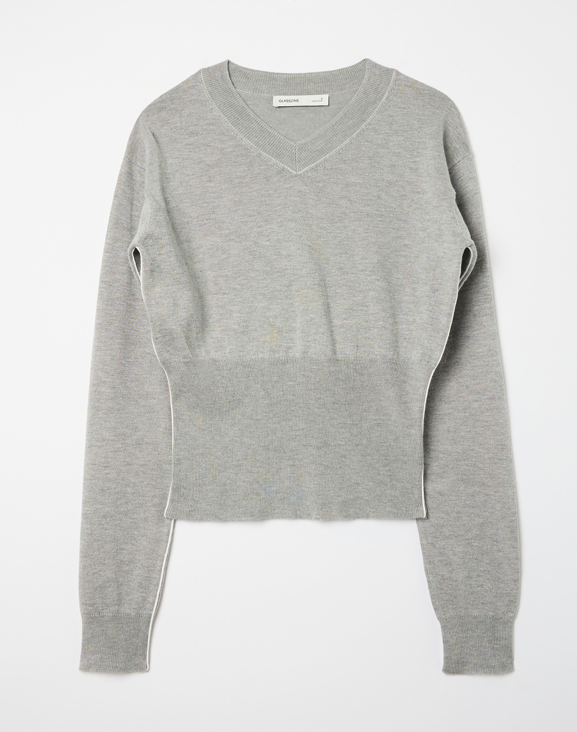 Rib Waist V Neck Knit Long Sleeve in Grey Marle X Milk Tip | Glassons