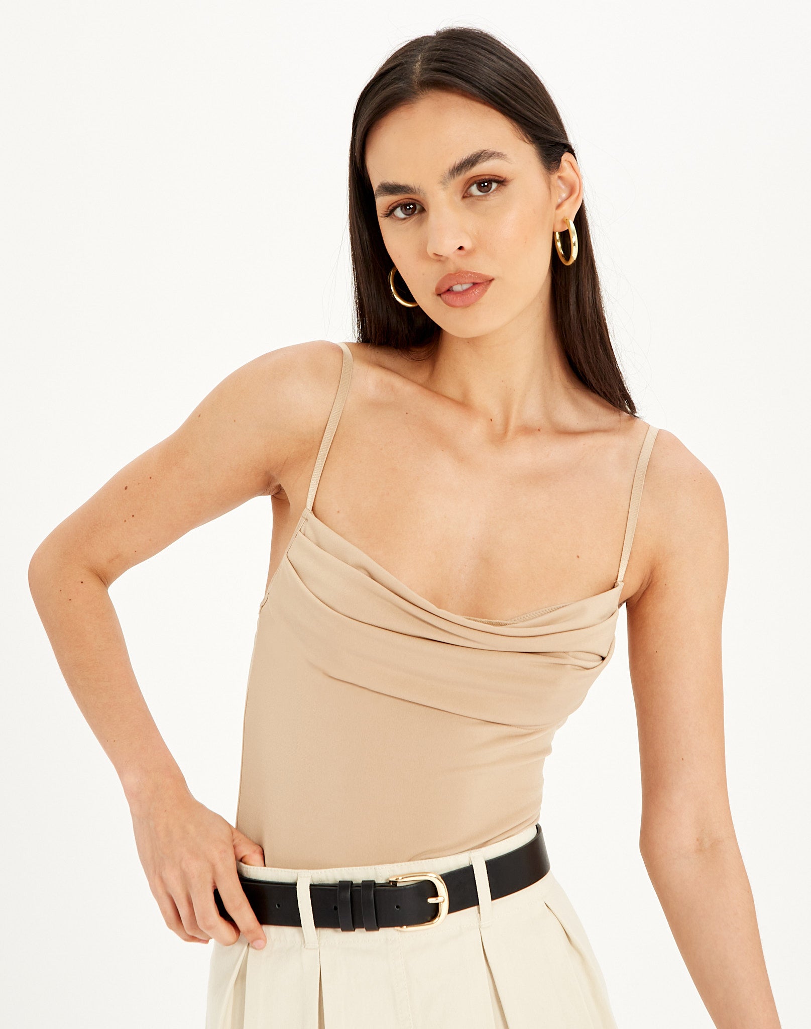 Supersoft Cowl Neck Low Back Bodysuit in Brown | Glassons