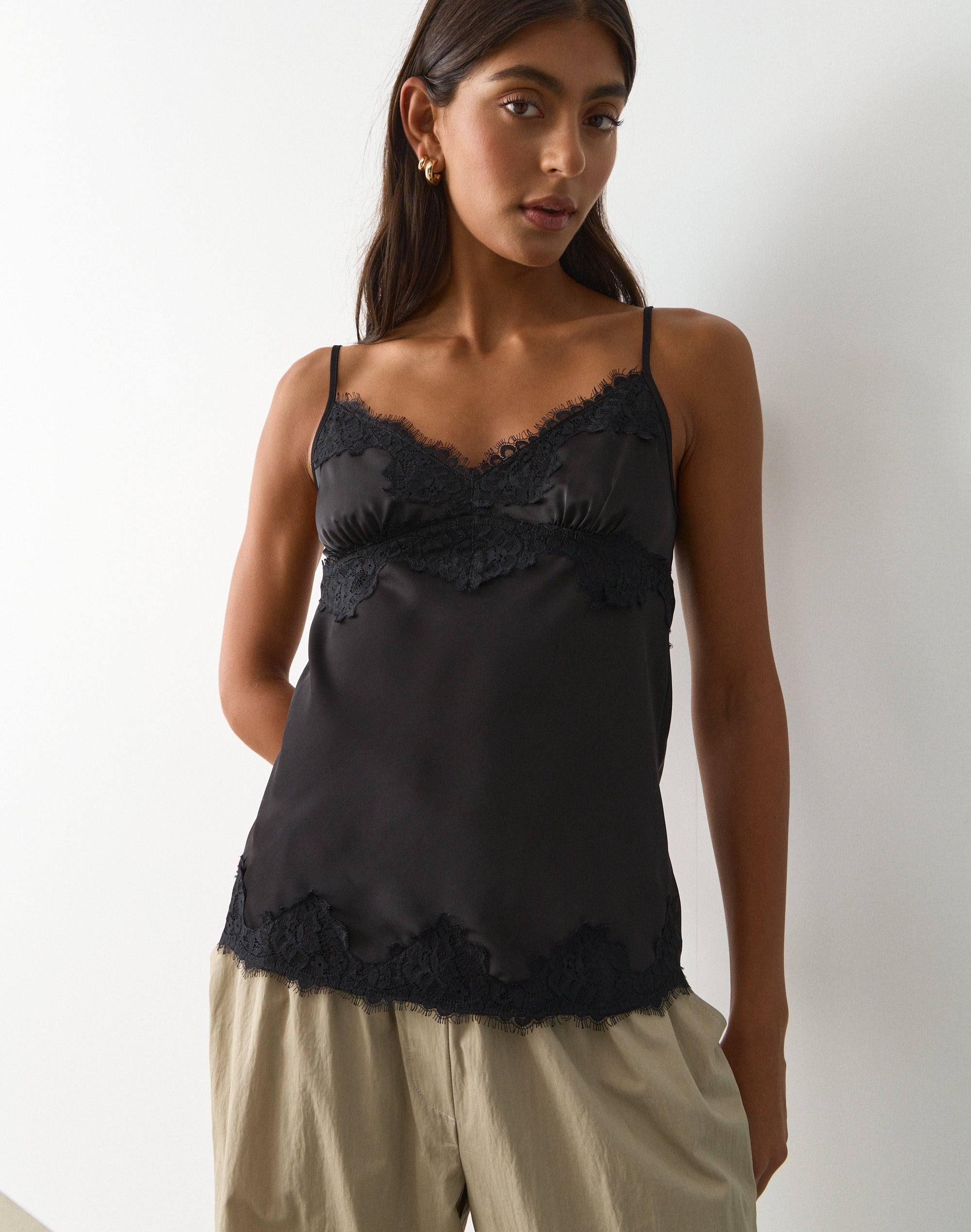 Satin Lace Trim Cami in Black X Black | Glassons US