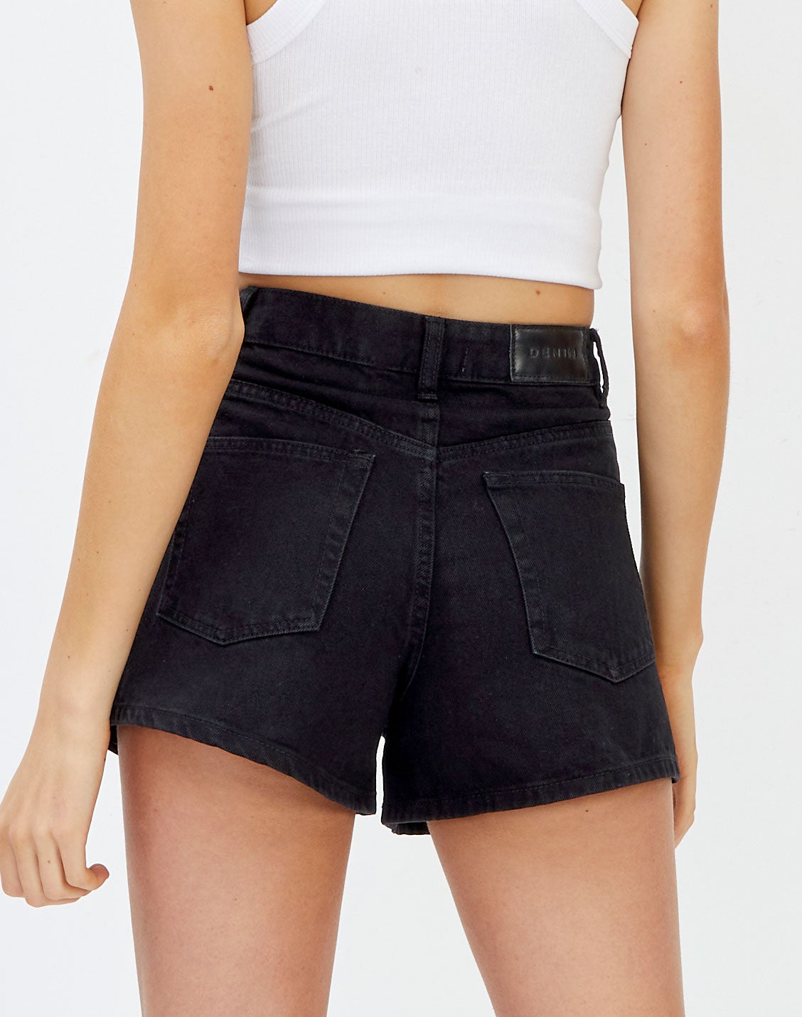 low rise black denim shorts