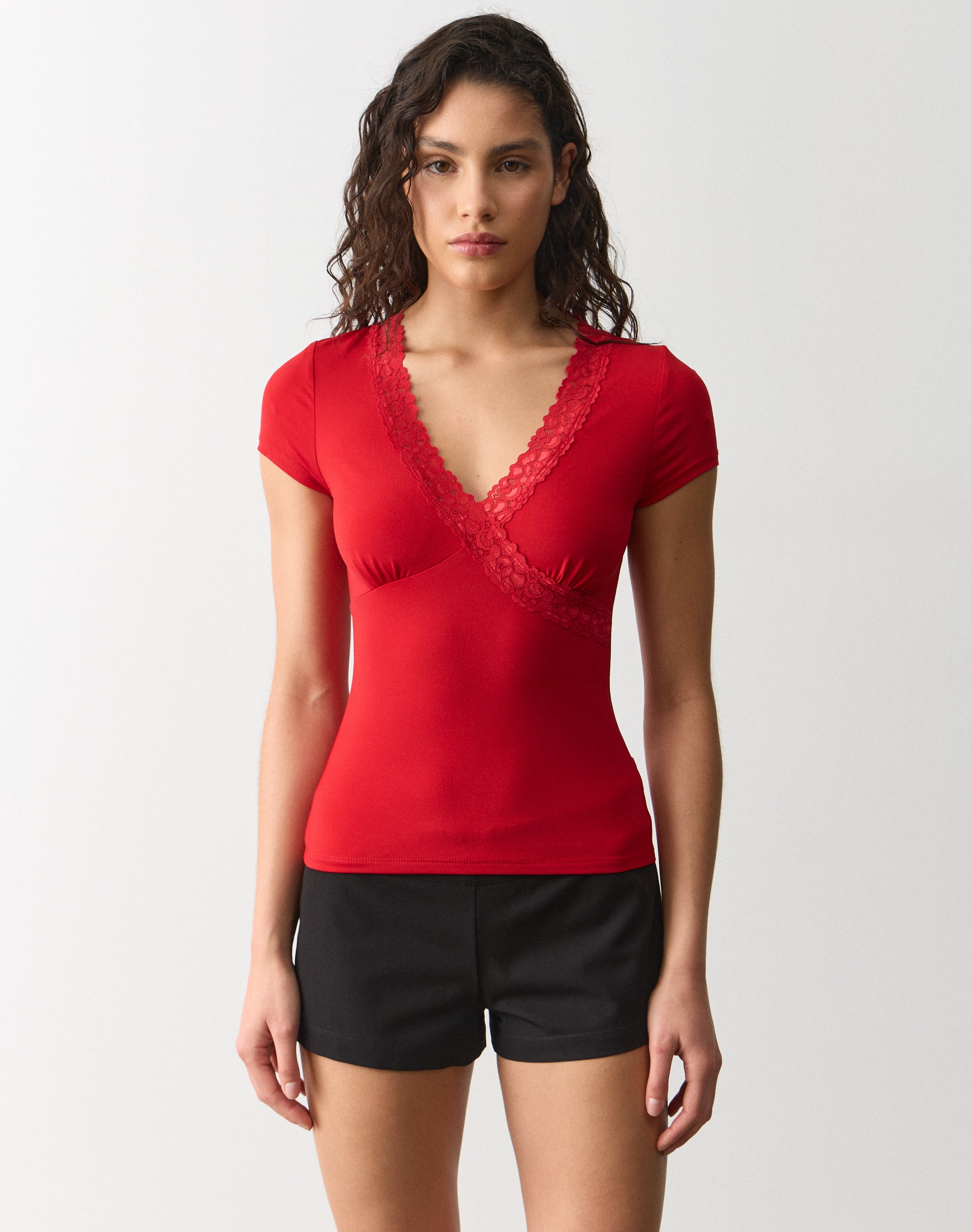 Lace Trim V Neck Top in Cherry Girl | Glassons SG