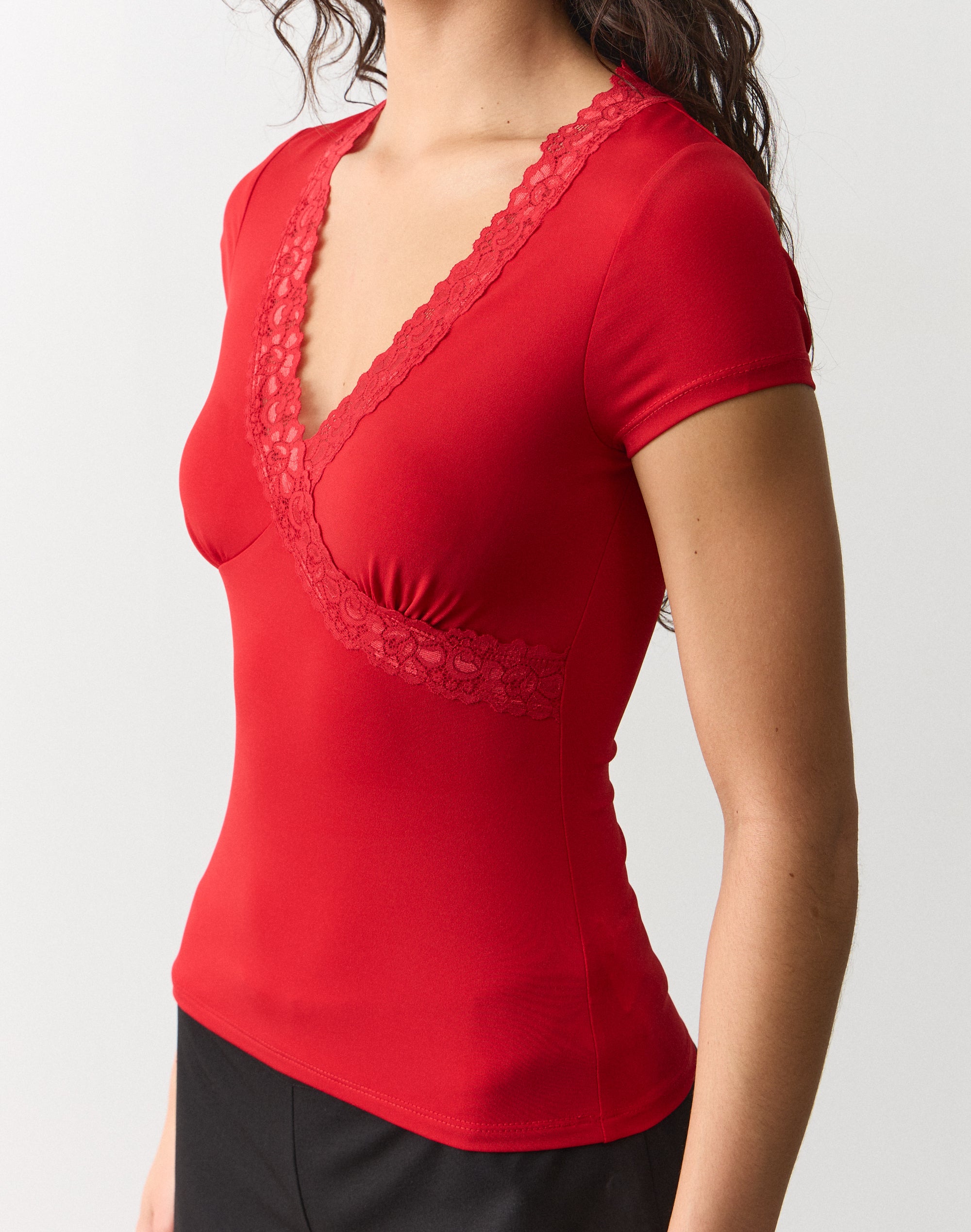Lace Trim V Neck Top in Cherry Girl | Glassons US