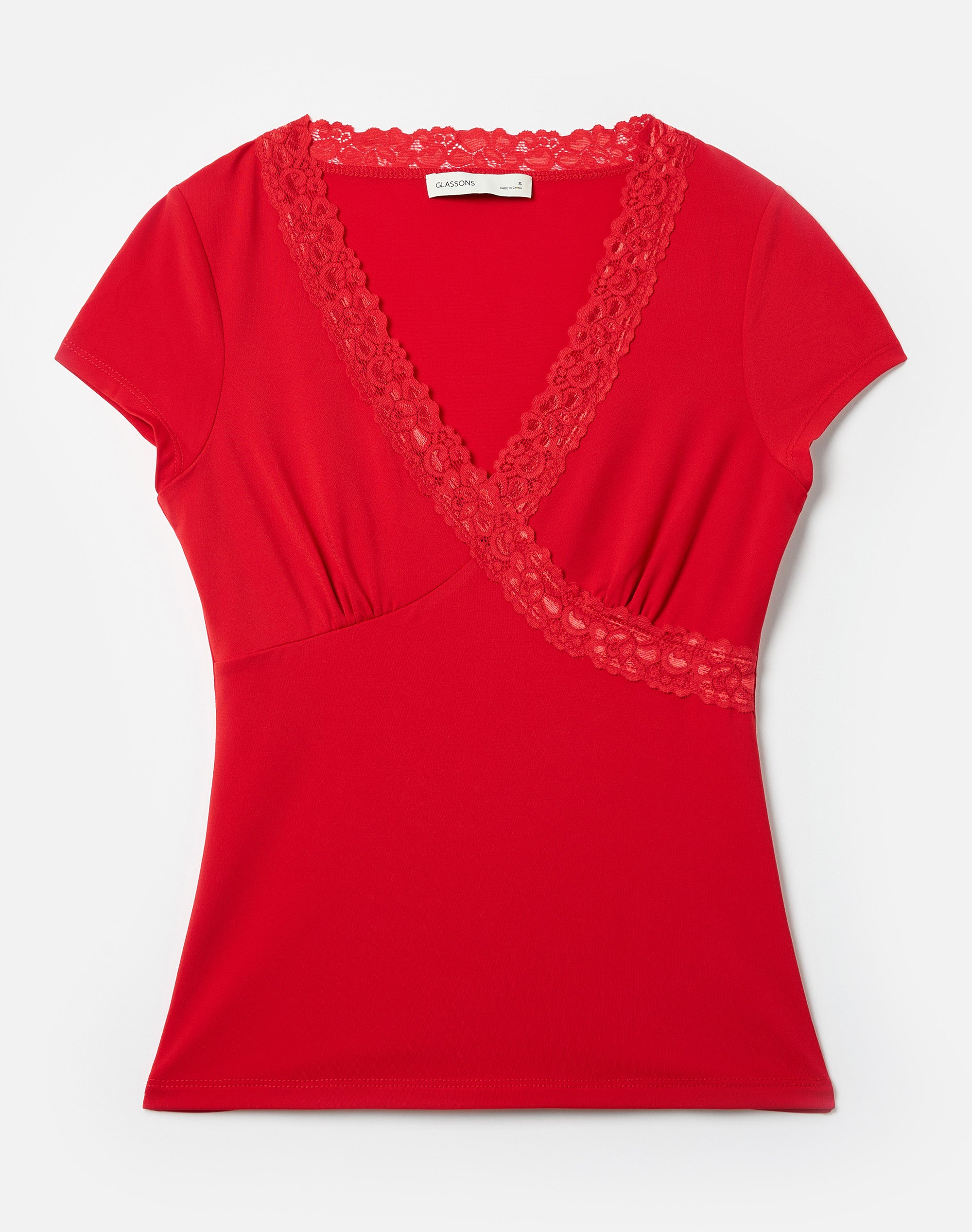 Lace Trim V Neck Top in Cherry Girl | Glassons SG
