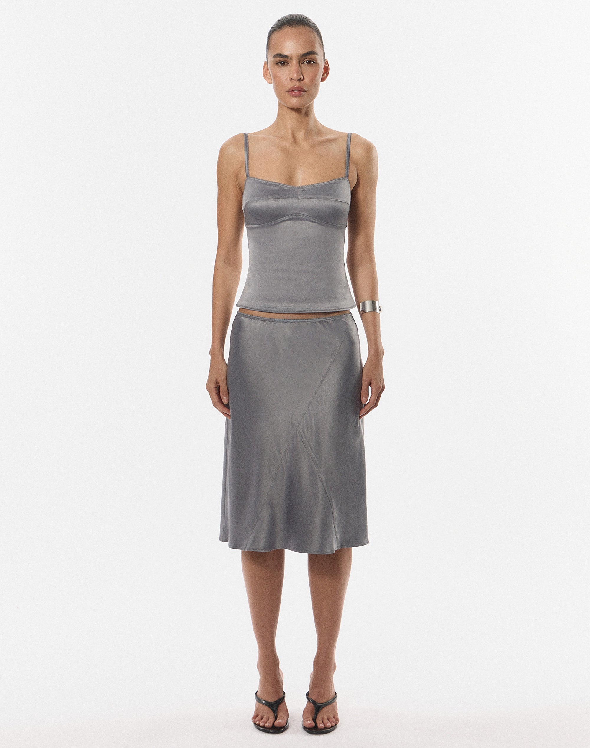 grey skirt dress Edt. Satin Picot Trim Midi in Chateau EGGPLANT PURPLE MAXI DRESS