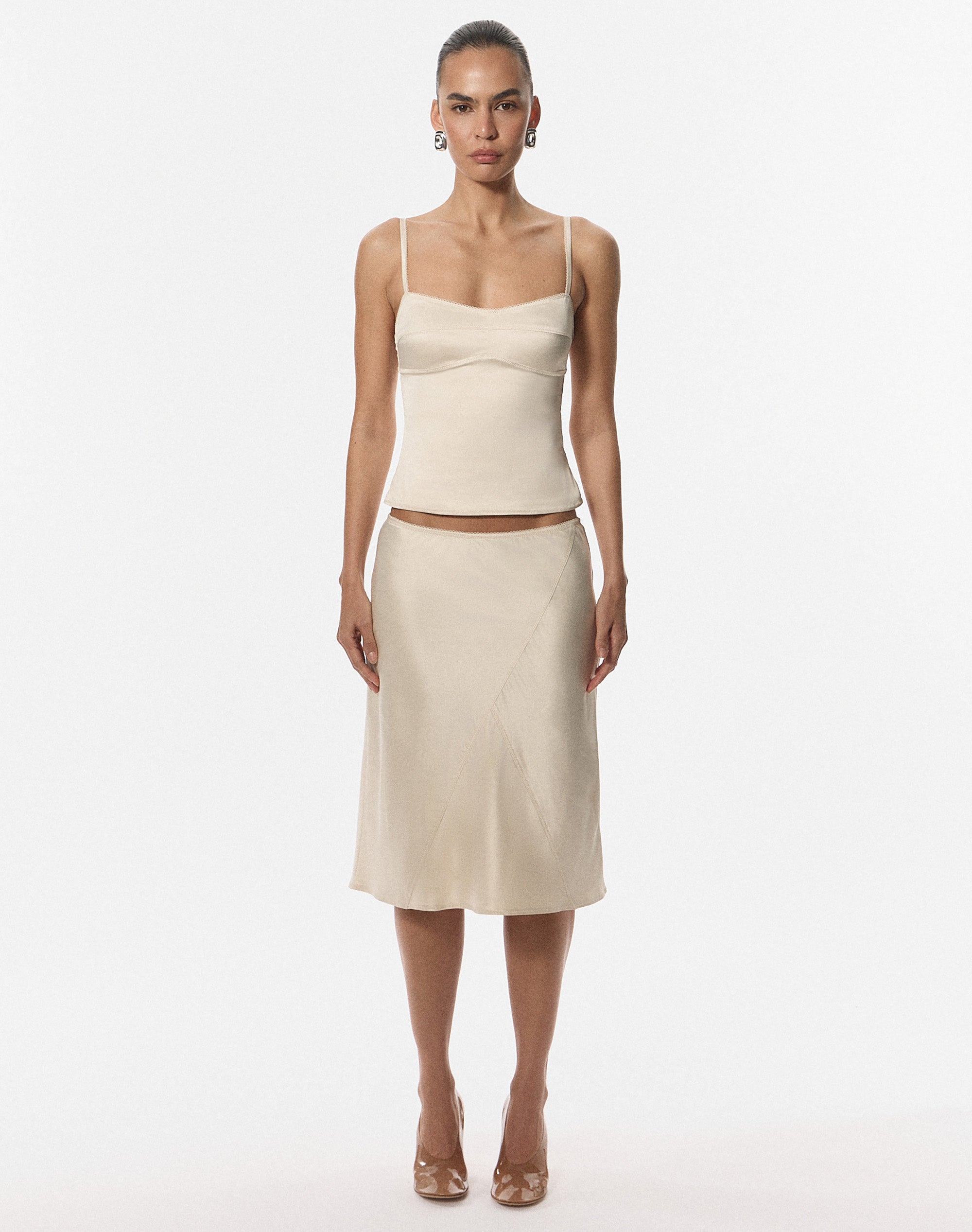 Edt. Satin Picot Trim Midi Skirt in Sleek Sand | Glassons US