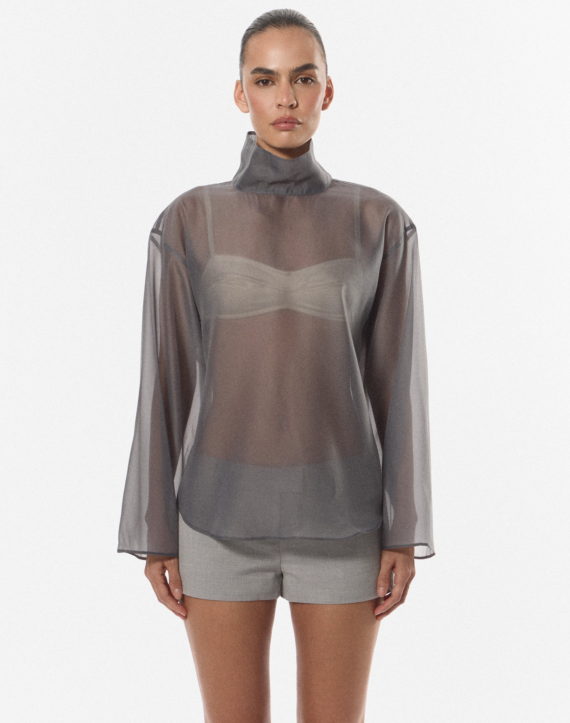 Edt. Sheer High Neck Blouse in Chateau Grey | Glassons US