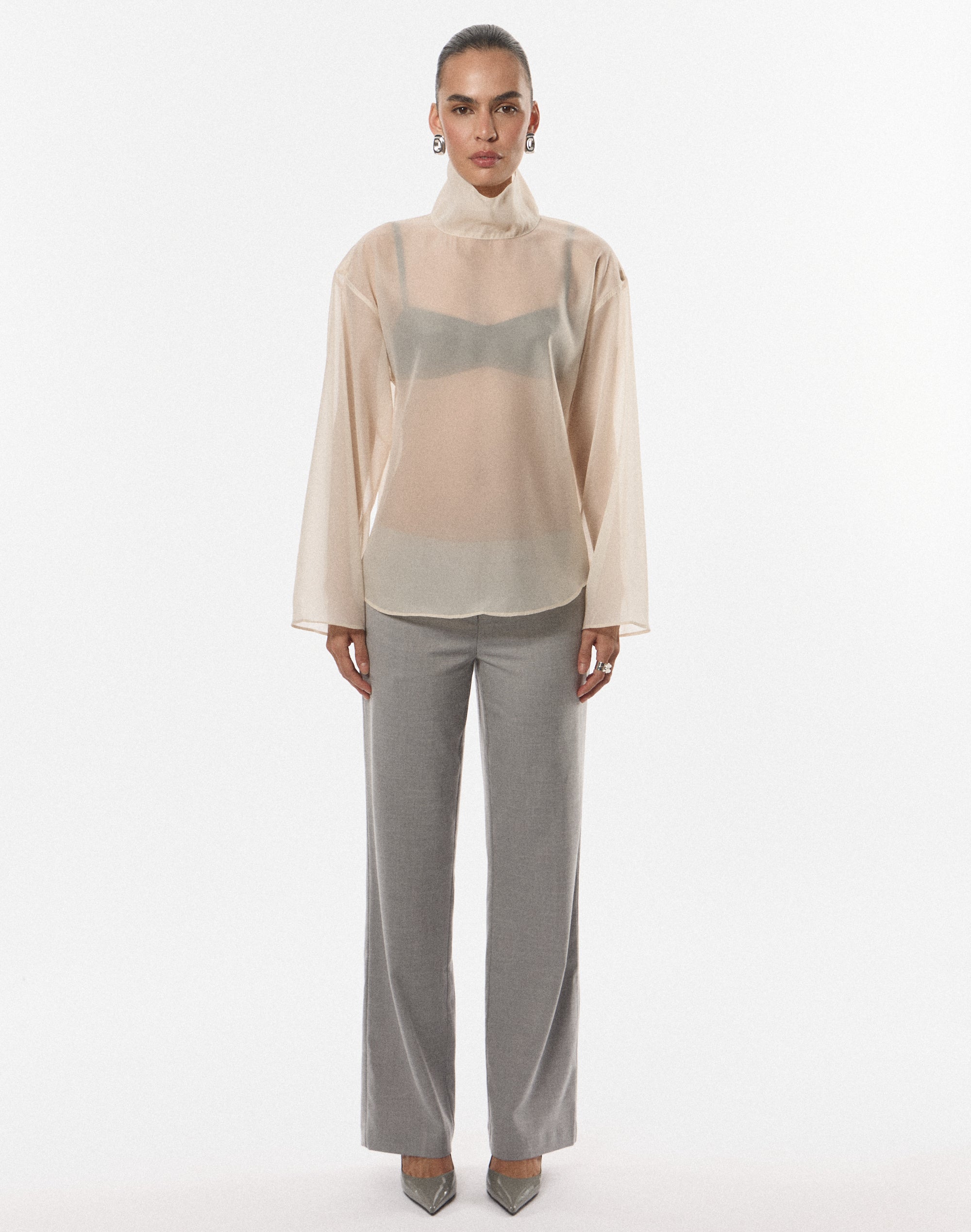deres デレス　sheer high neck dual blouse Edt. Sheer High Neck Blouse in Sleek Sand | Glassons AU