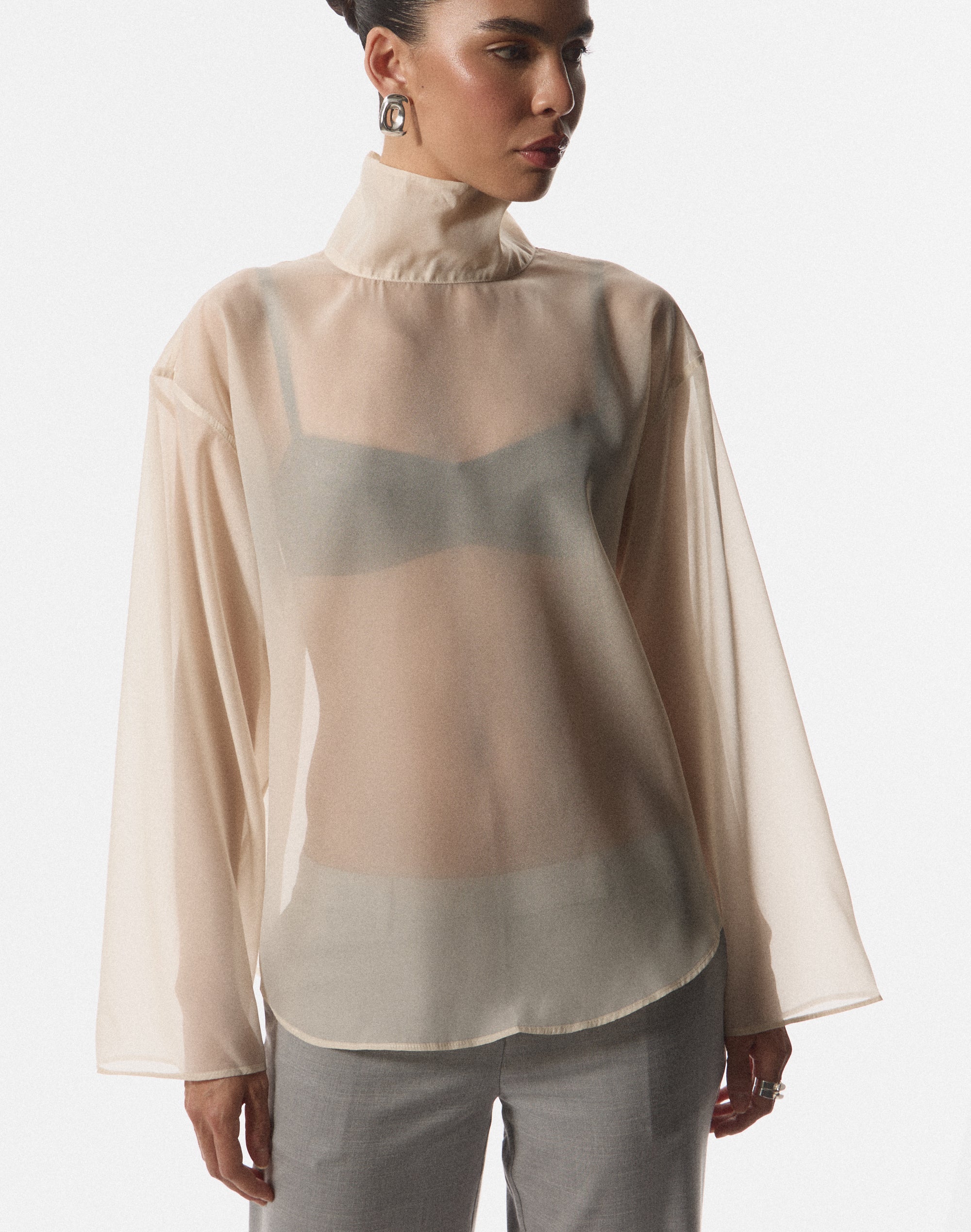 Edt. Sheer High Neck Blouse in Sleek Sand | Glassons