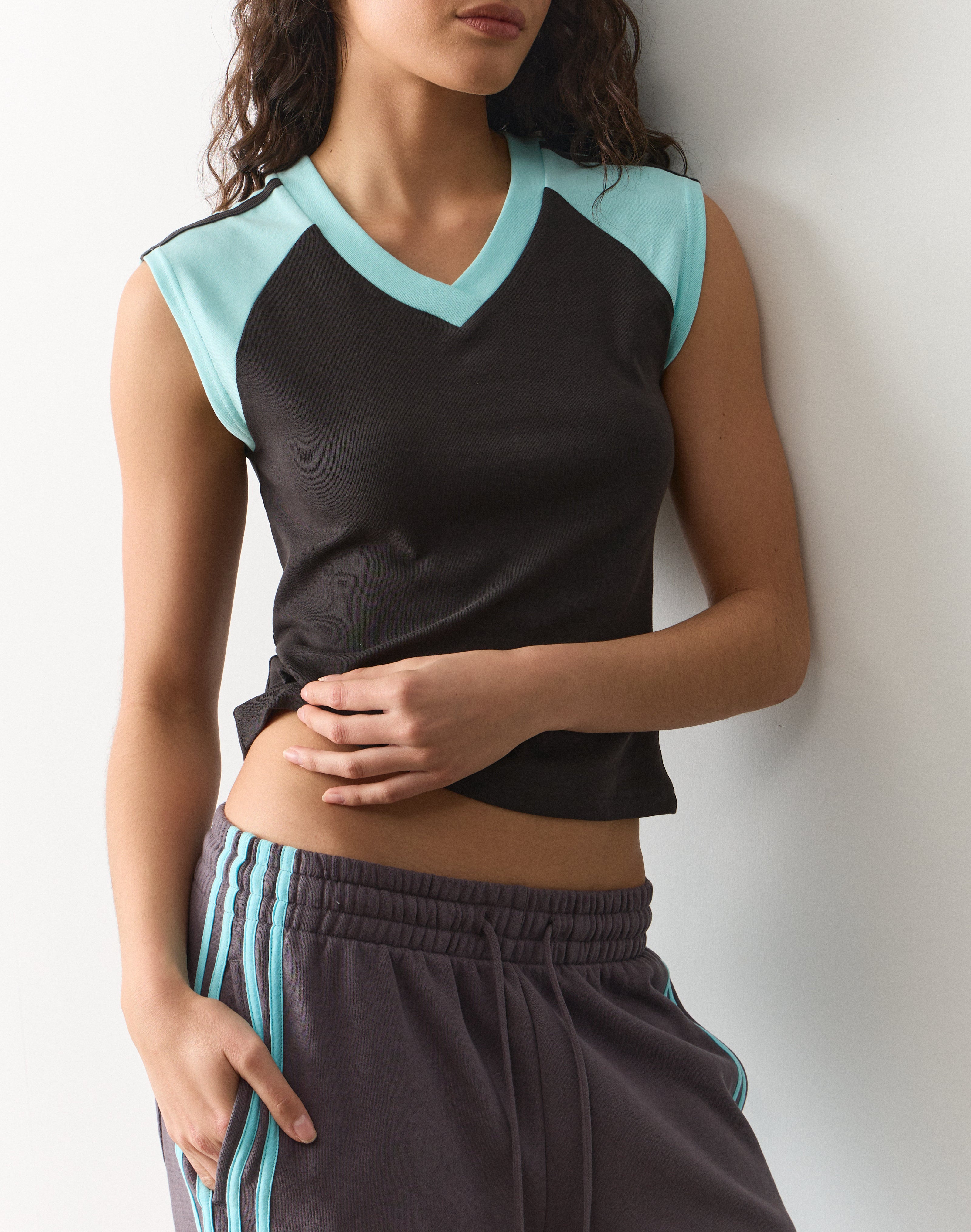 Sporty V Neck Tee in Ash Cloud X Clear waters | Glassons SG